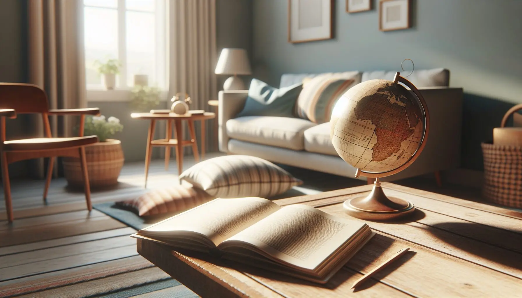Generate an image of an open storybook on a wooden table with a globe and cozy cushions.