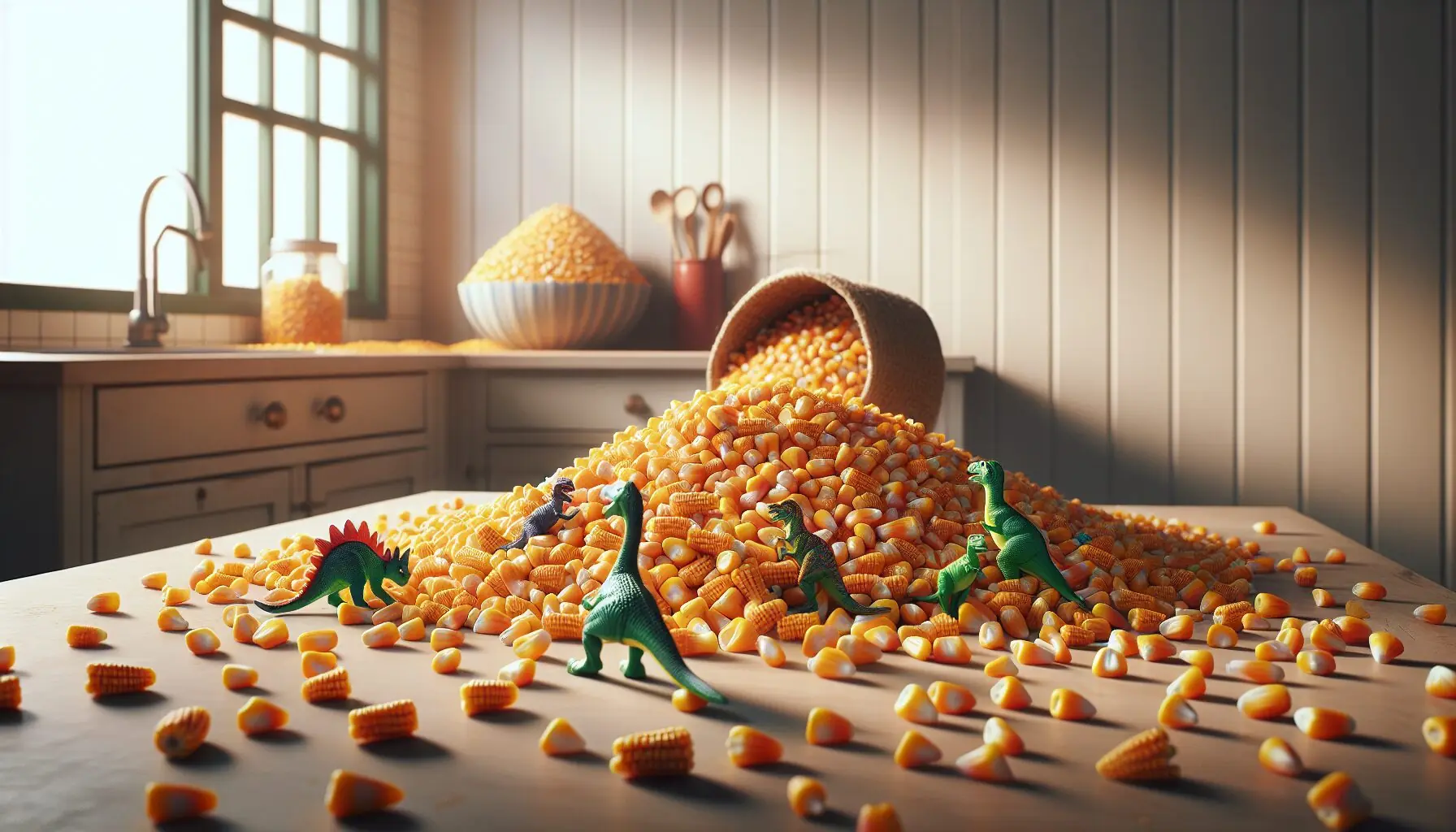 Generate an image of scattered corn kernels with small treasures peeking out, against a background of colorful toy dinosaurs.