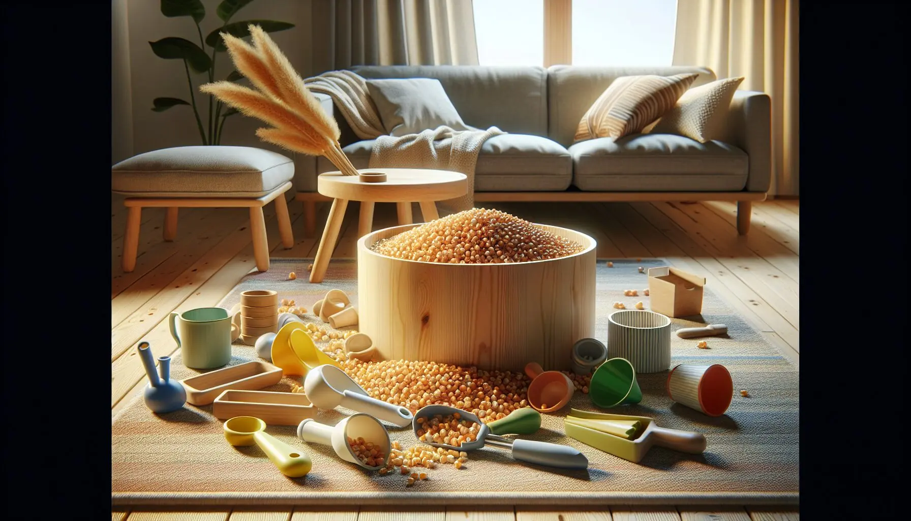 Generate an image showing an assortment of tools like scoops, funnels, and spoons on a play mat ready for exploration.