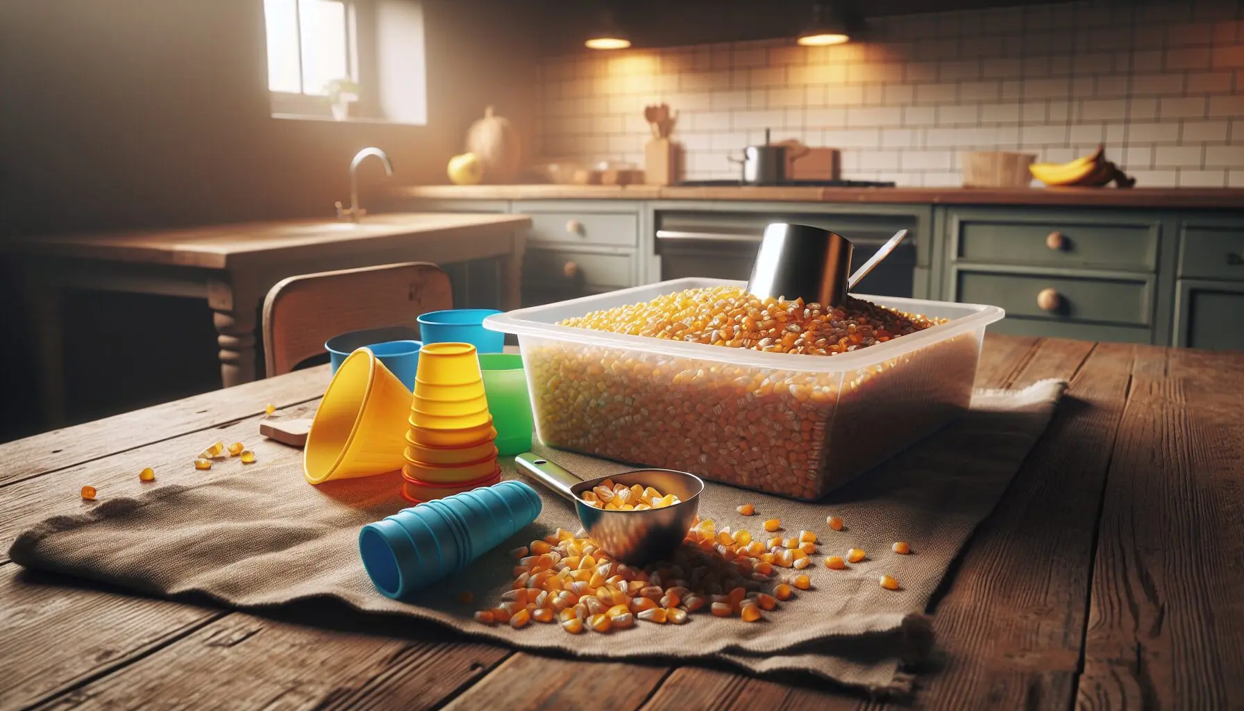 Generate an image of a sensory bin filled with dried corn kernels, accompanied by scoops, small cups, and a funnel.