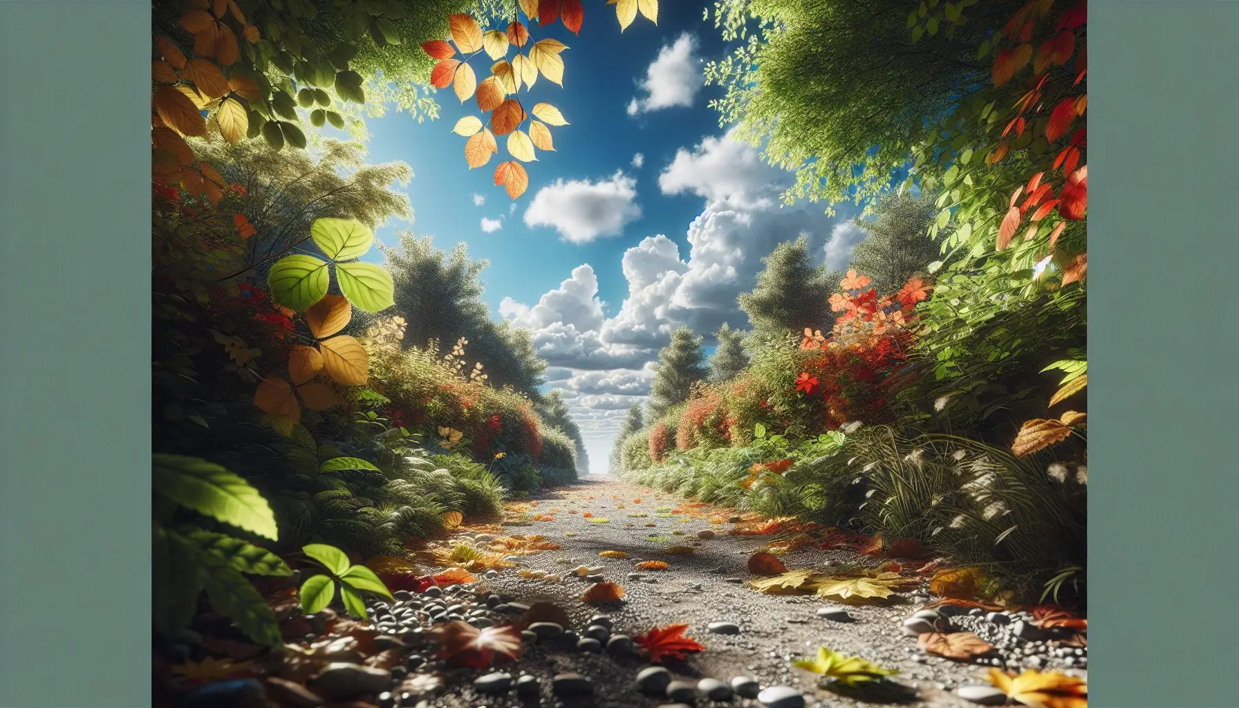 Generate an image of a scenic nature path with diverse flora and a bright sky.