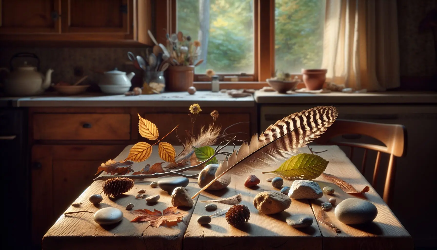 Design an image featuring a collection of scavenged items like stones, feathers, and leaves.
