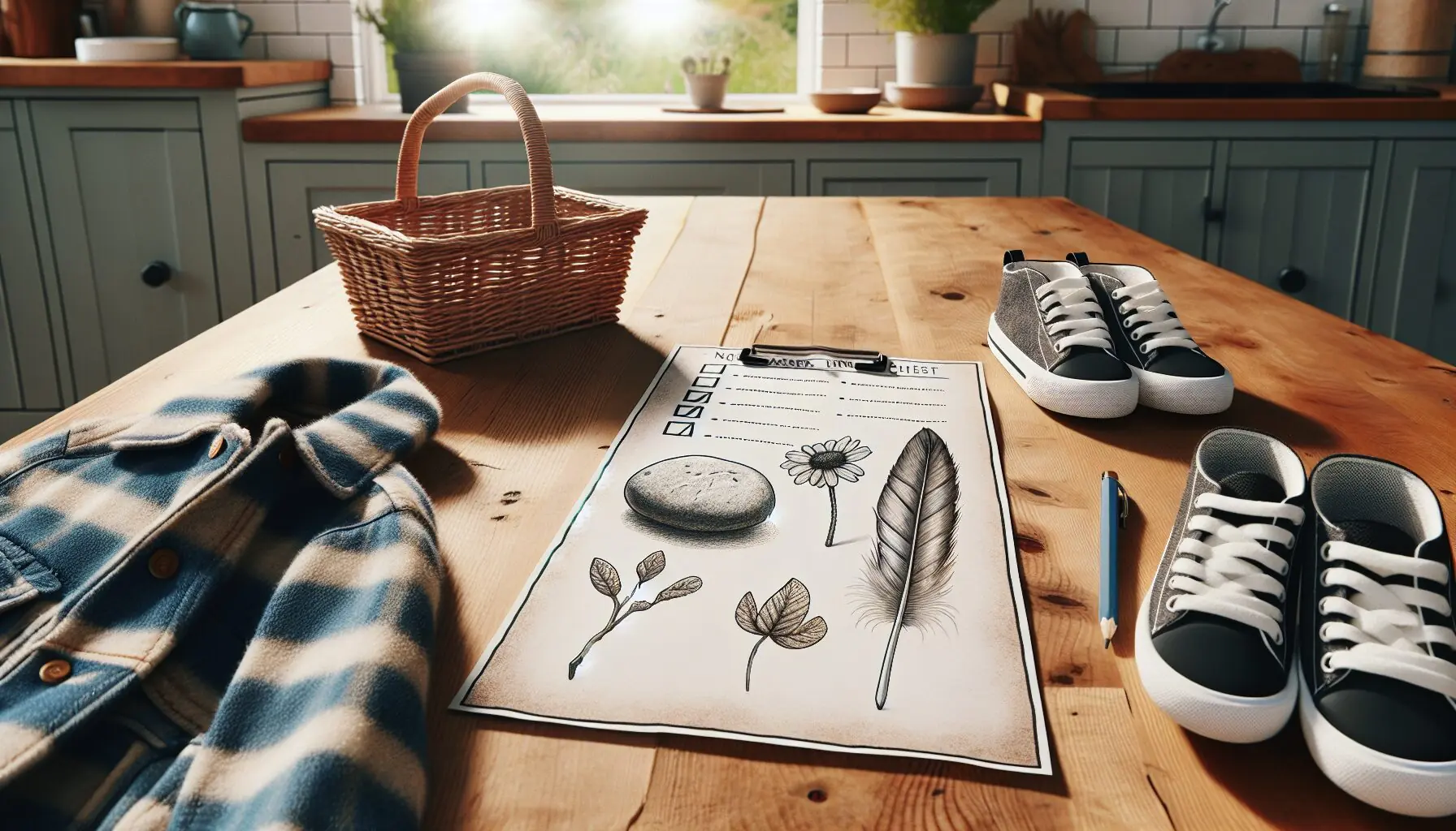Create an image of a nature scavenger hunt checklist with drawings of small natural items.