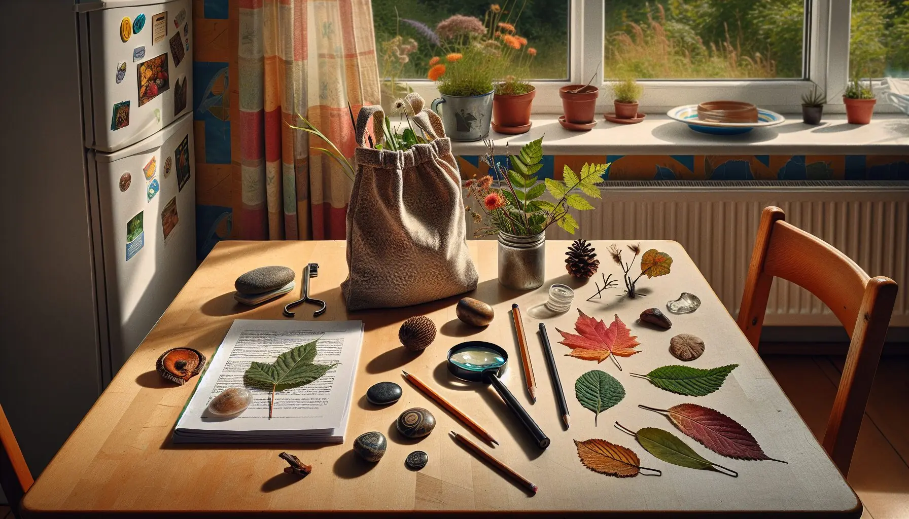 Illustrate a serene forest scene with children joyfully exploring and collecting natural treasures.