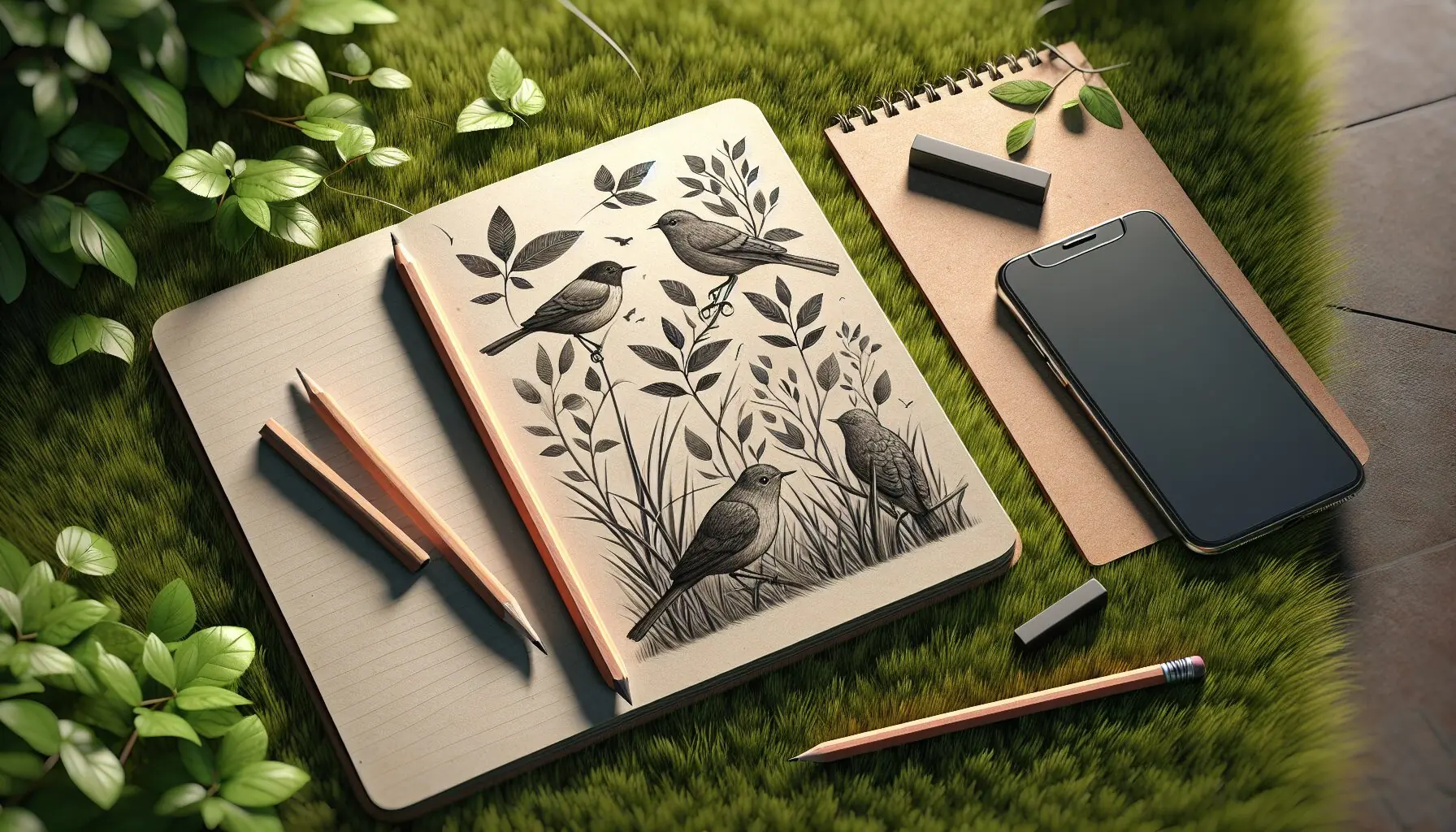 Generate an image of a notepad and pencil on a grassy field, with birds and leaves drawn on the page.