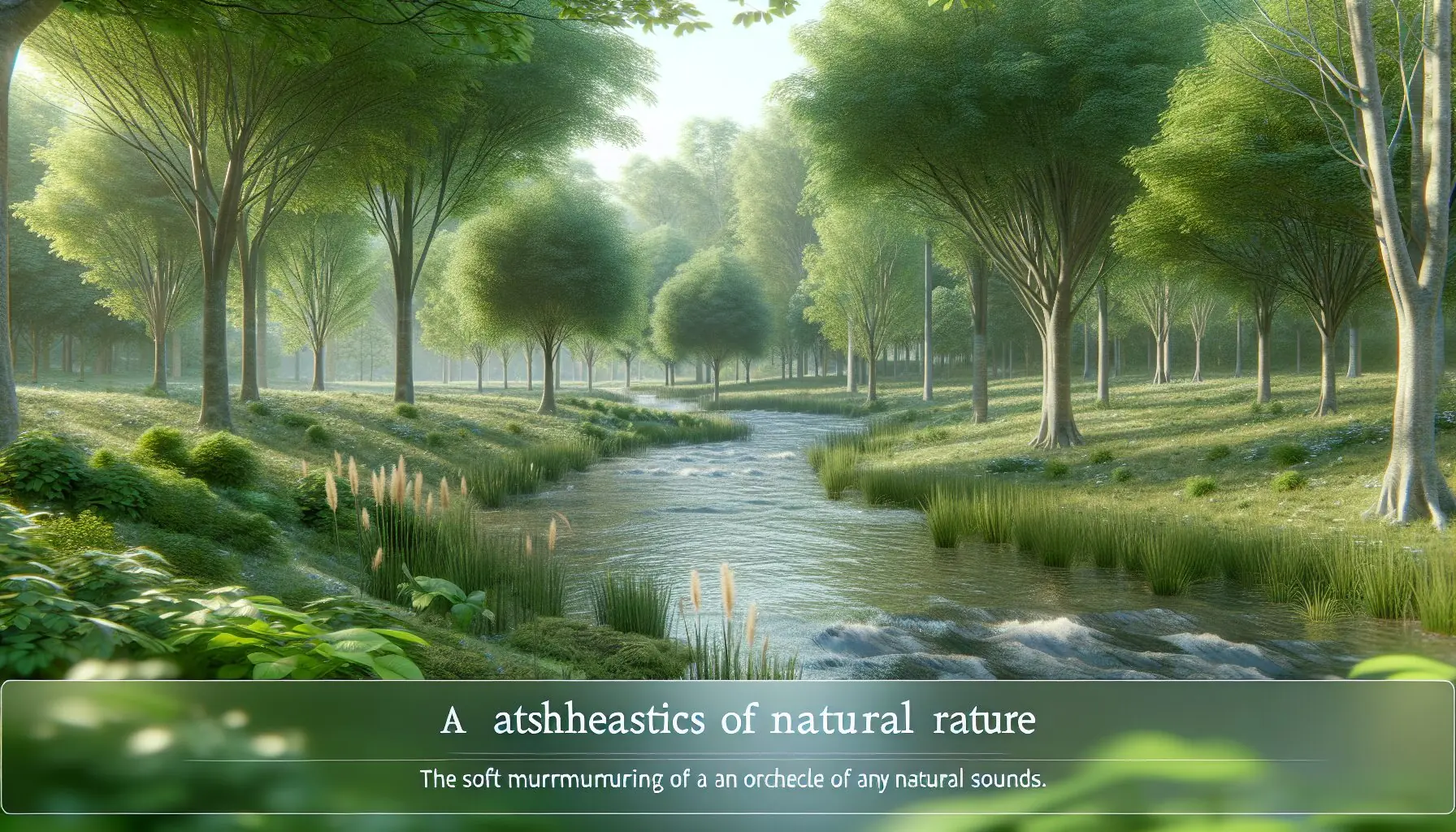 Generate an image of a peaceful park setting with trees and a small stream.