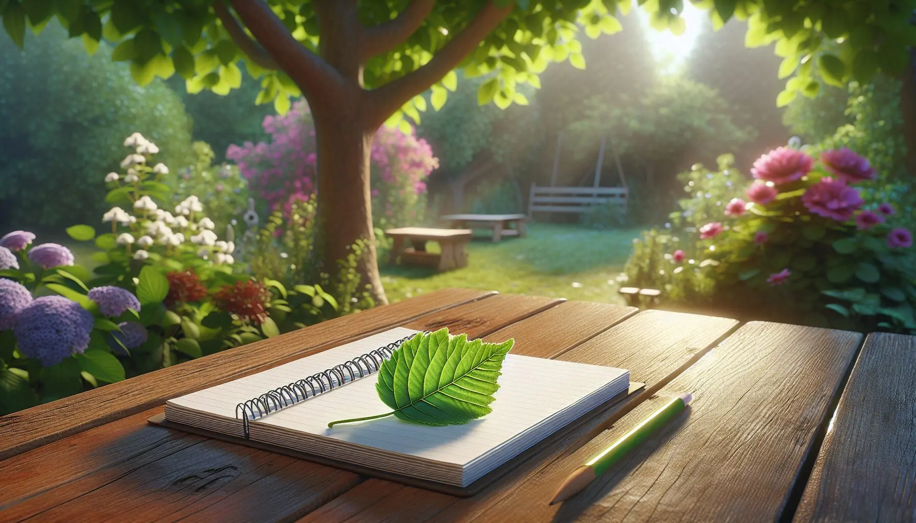 Generate an image of a child holding a leaf, looking curious, with a background of flowers and trees.