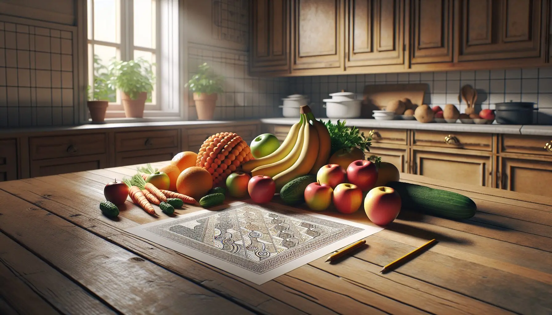 Generate an image of apples, bananas, carrots, and cucumbers on a table, with drawn pattern templates nearby.