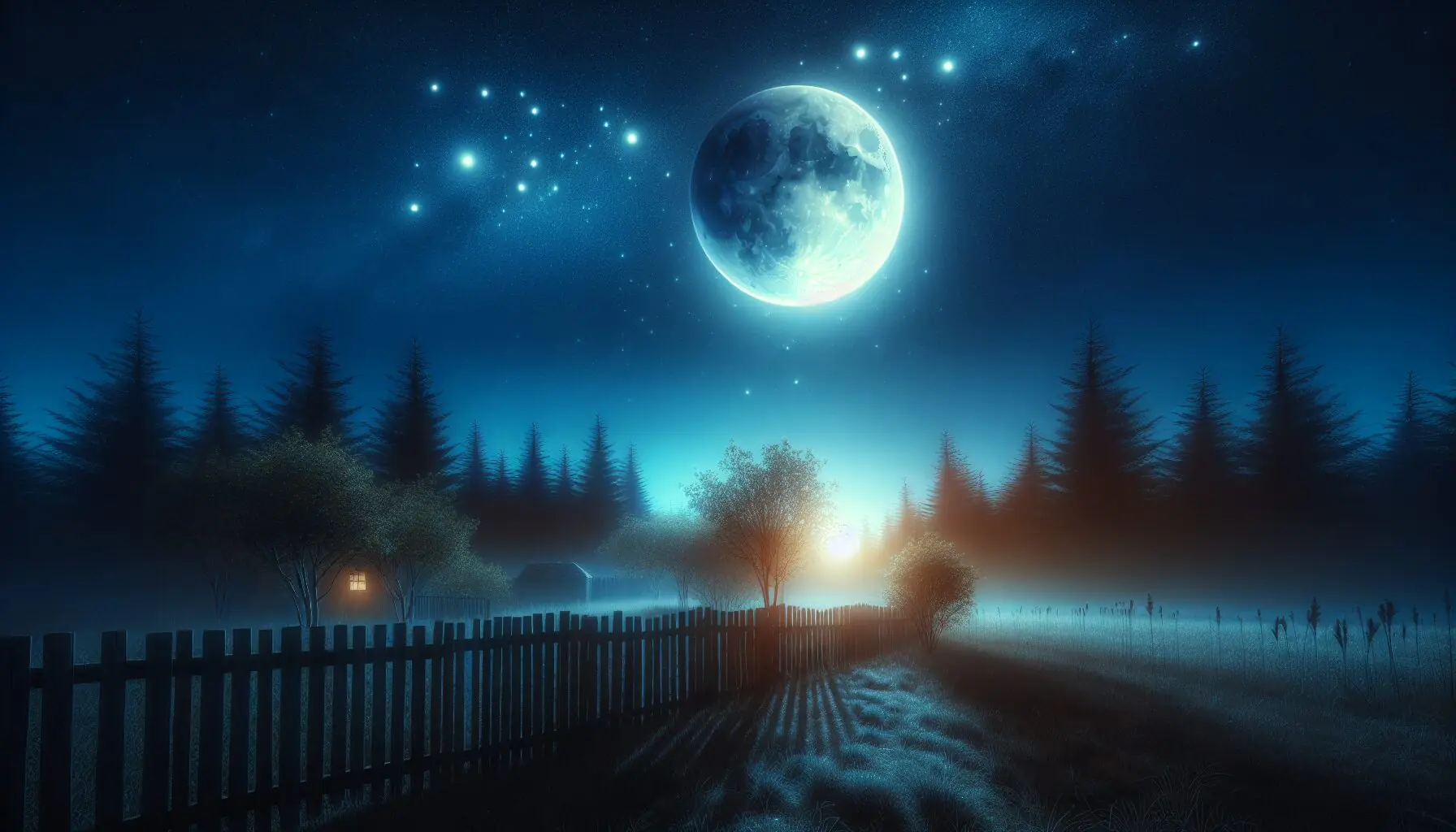 Generate an image of a clear night sky with a radiant moon surrounded by stars.