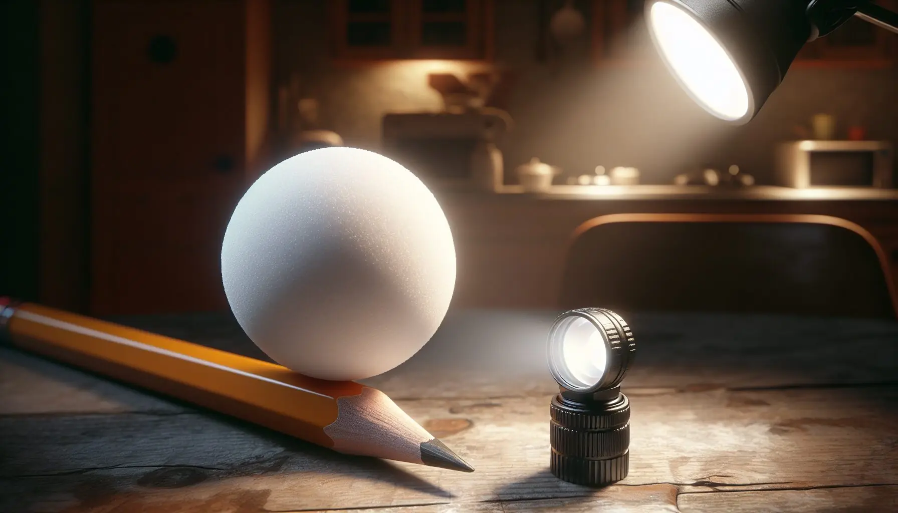 Generate an image of a Styrofoam ball on a pencil with a flashlight in a dark room.