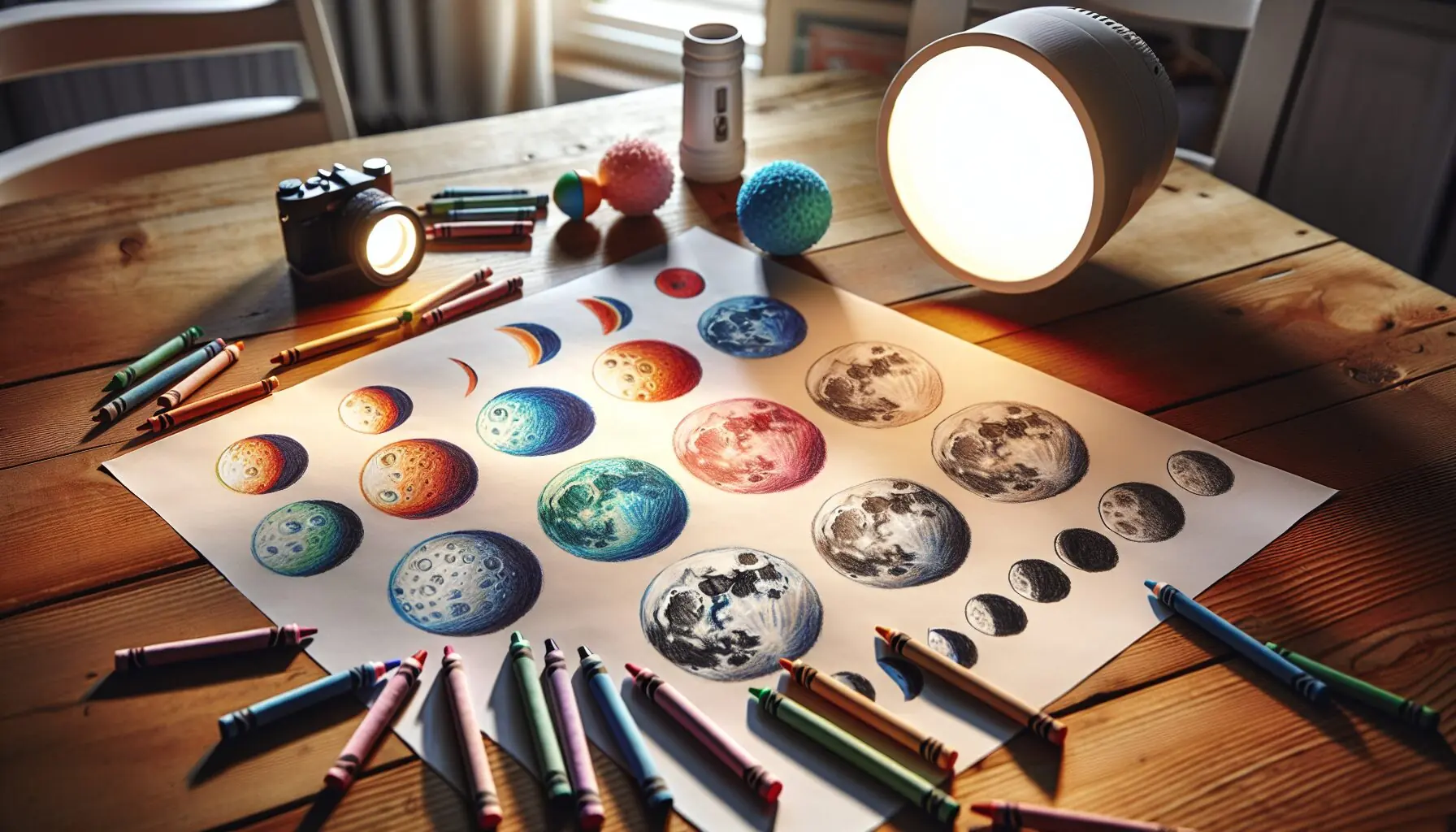 Generate an image of a child's drawing depicting different moon phases in a playful style.