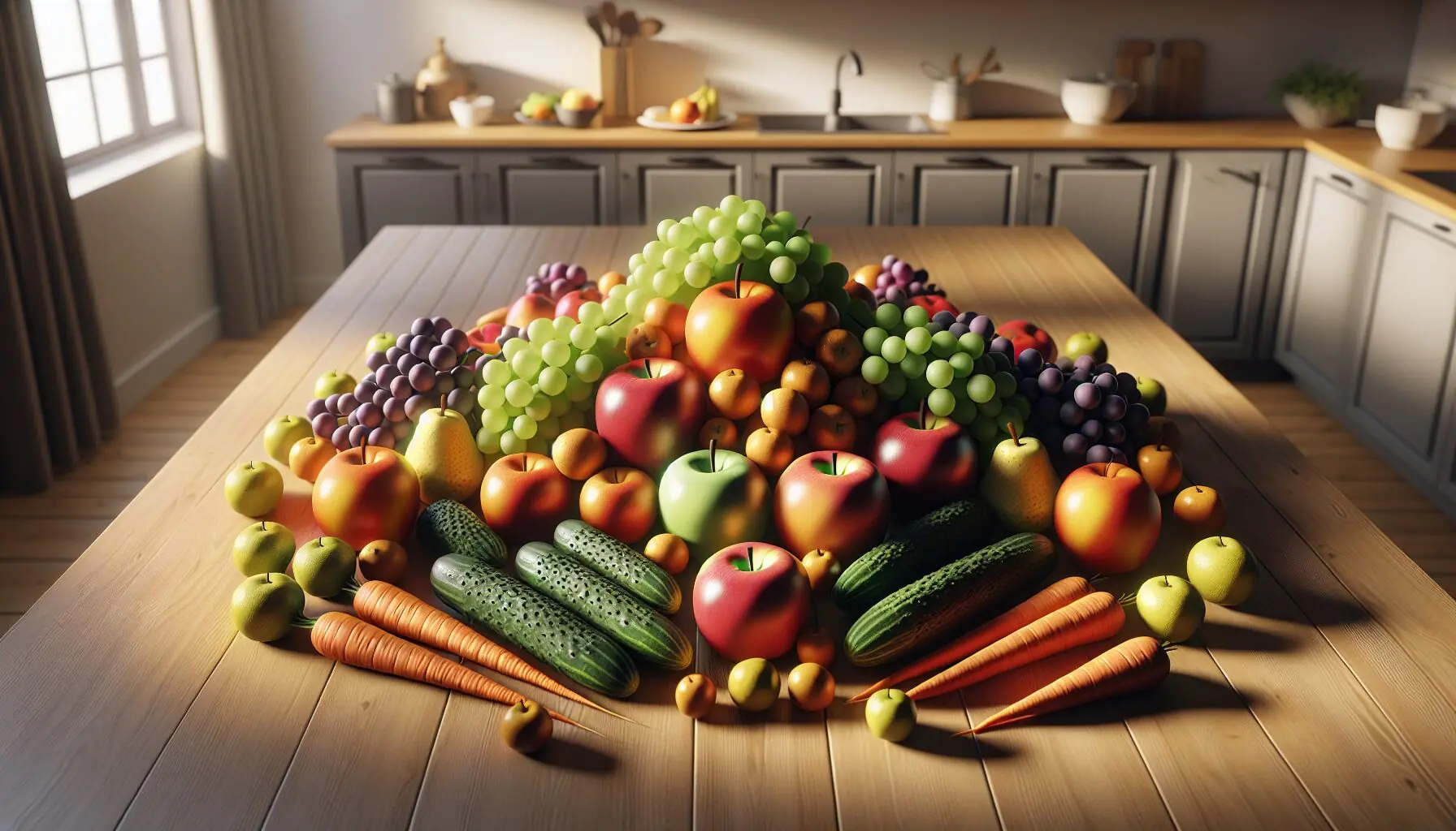 Generate an image of hands arranging fruits and vegetables in creative patterns, focusing on textures and colors.