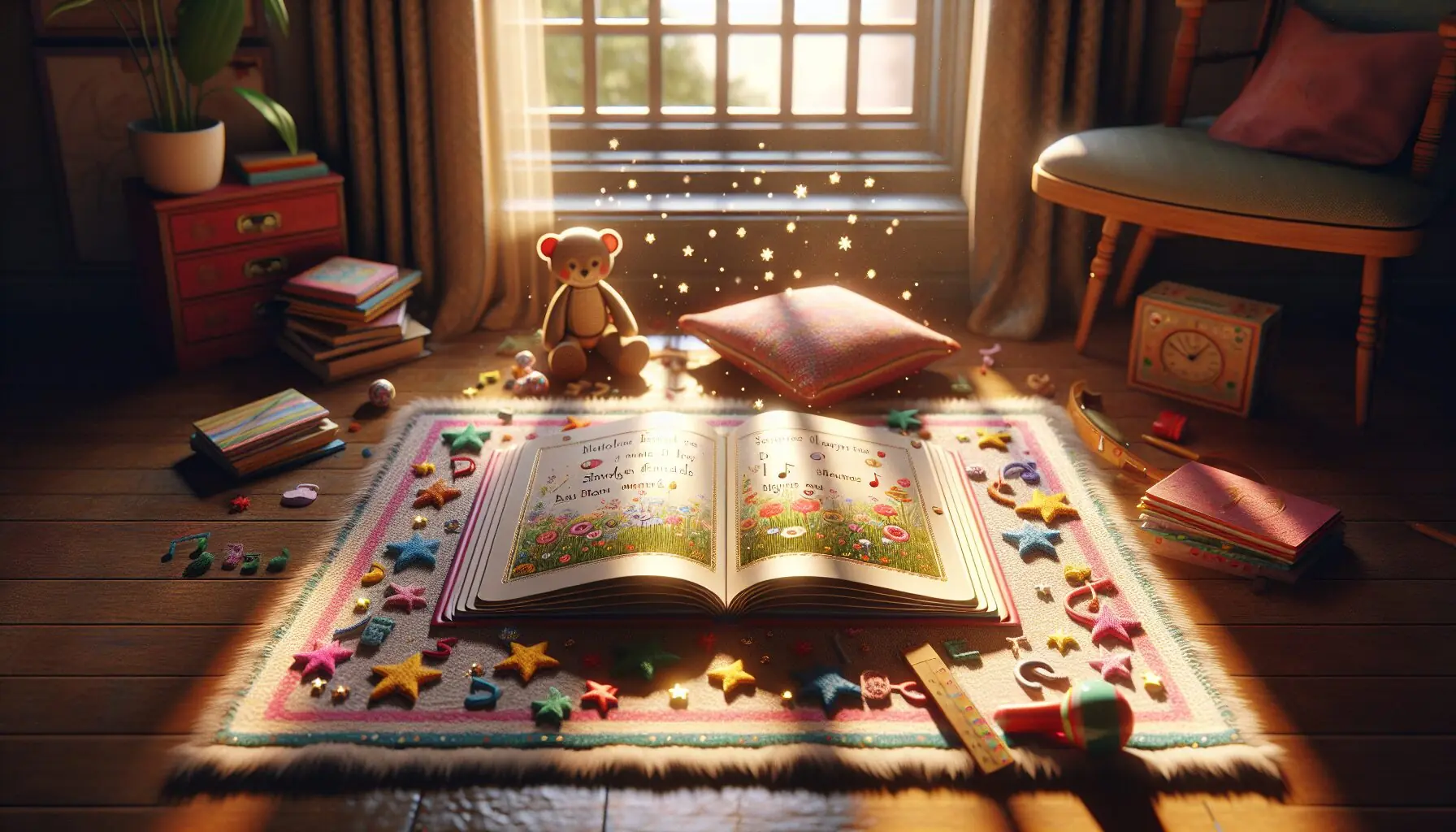 Generate an image of colorful musical notes and stars floating around a cheerful book of nursery rhymes.