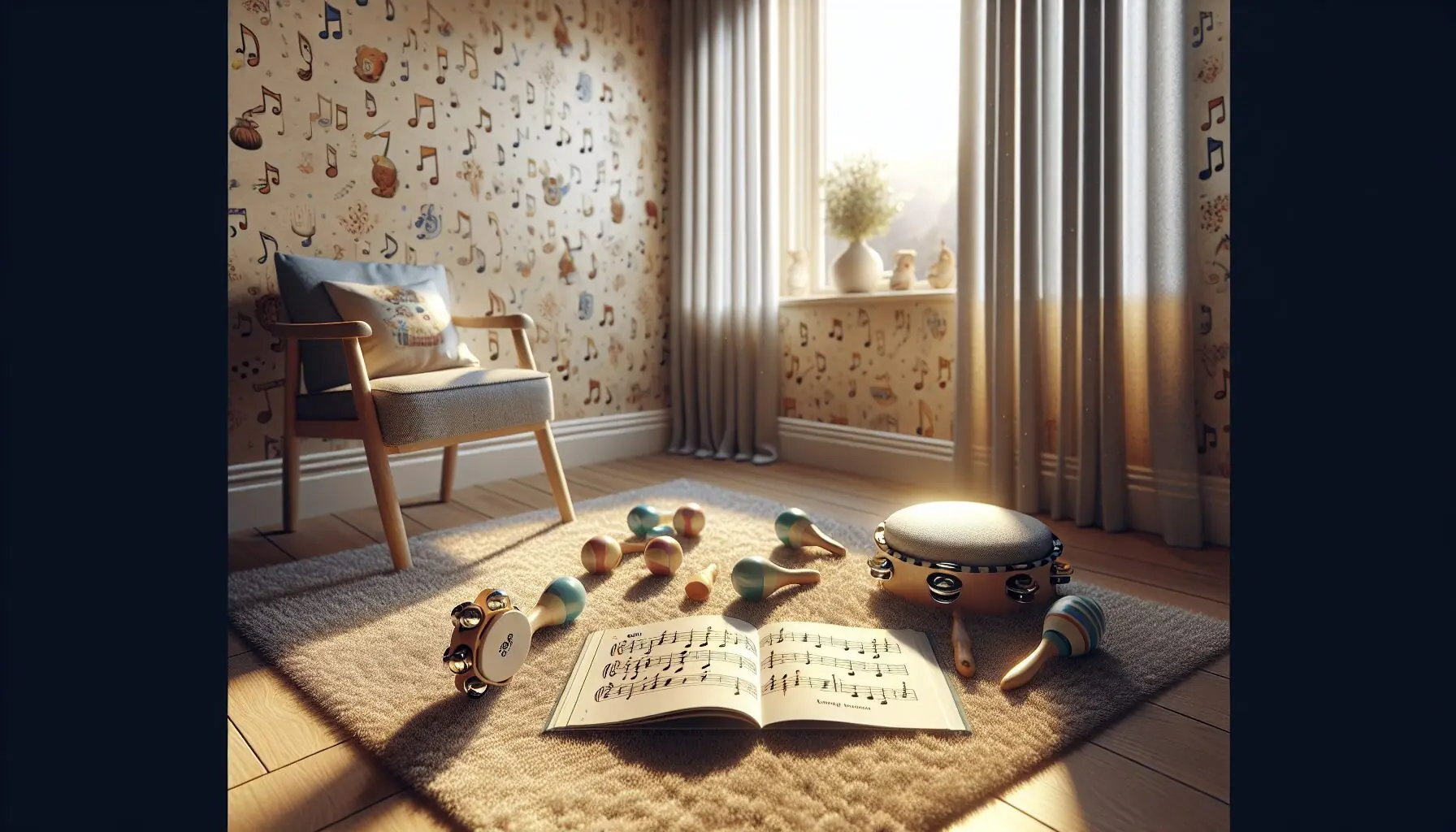Generate an image of a cozy family room with musical notes and laughter filling the space.
