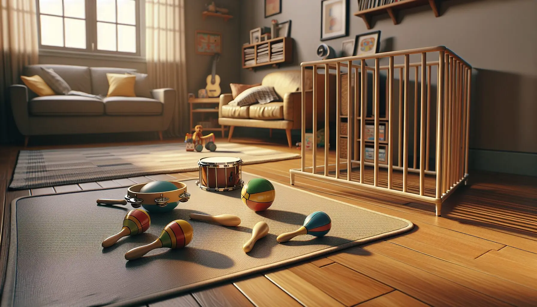 Generate an image of simple percussion instruments like maracas and tambourines on a cozy play mat.