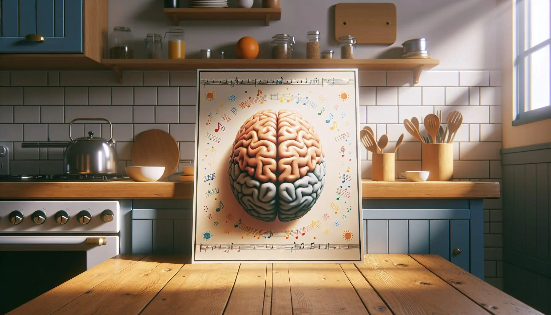 Generate an image of a brain with music notes around it, symbolizing growth and development.