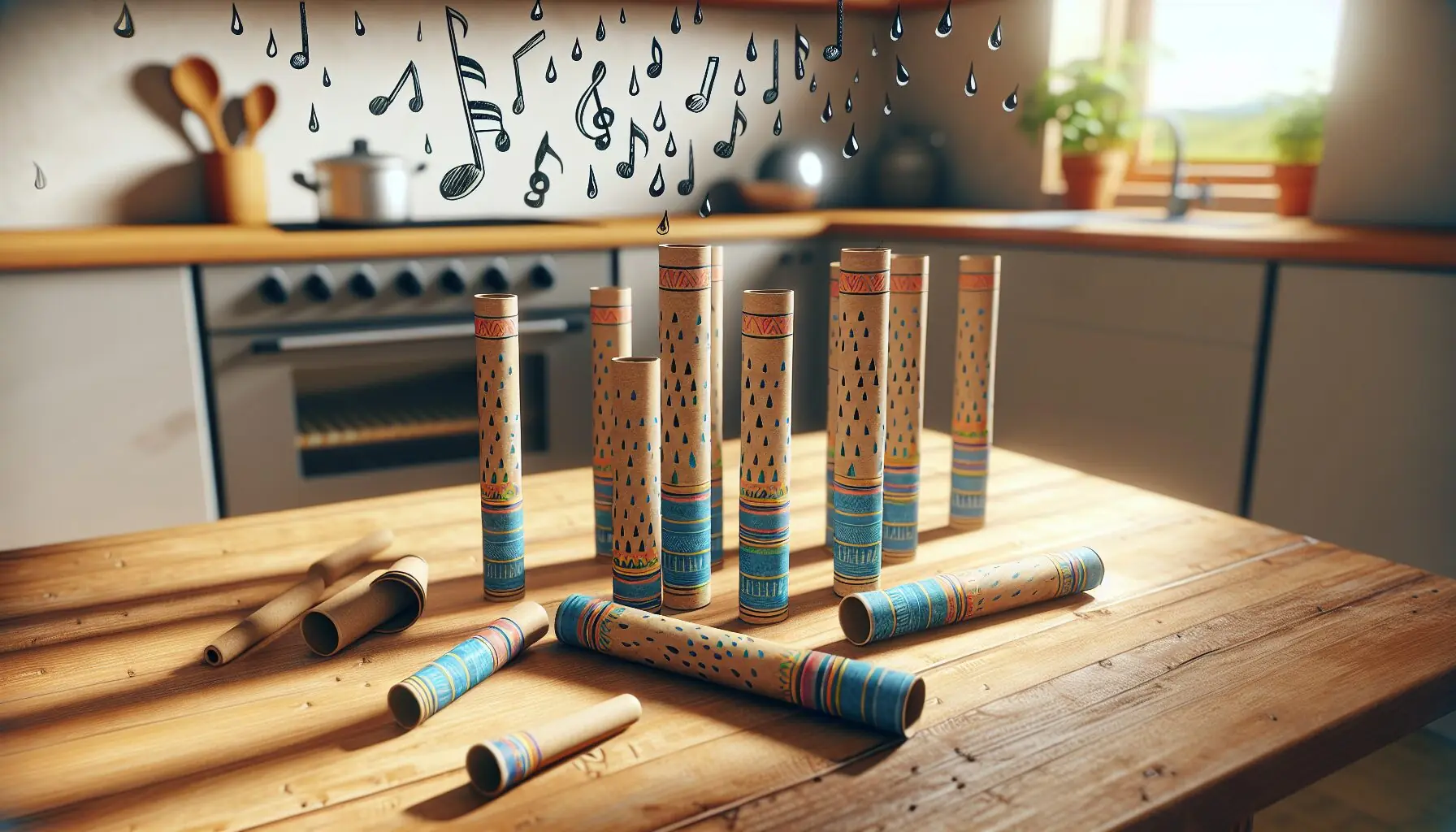 Generate an image of completed rain sticks resting on a wooden table, surrounded by illustrated raindrops and musical notes.