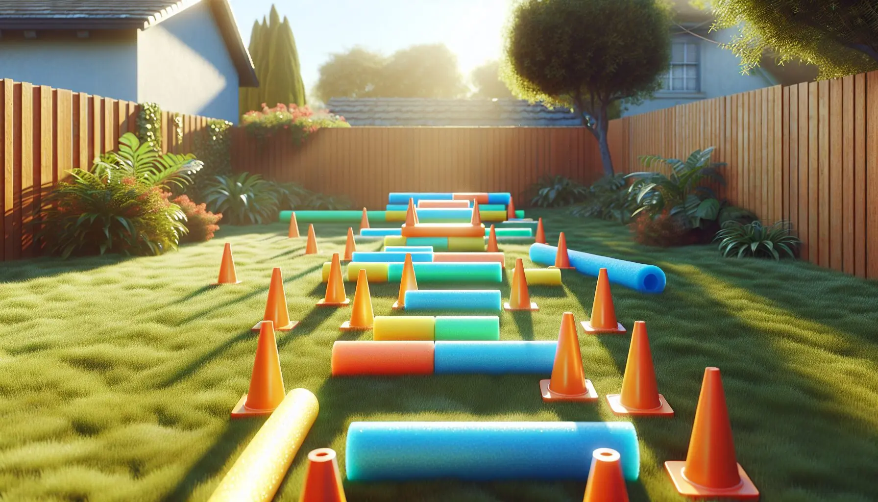 Generate an image of a backyard setup with colorful cones and pool noodles laid out as an obstacle course.