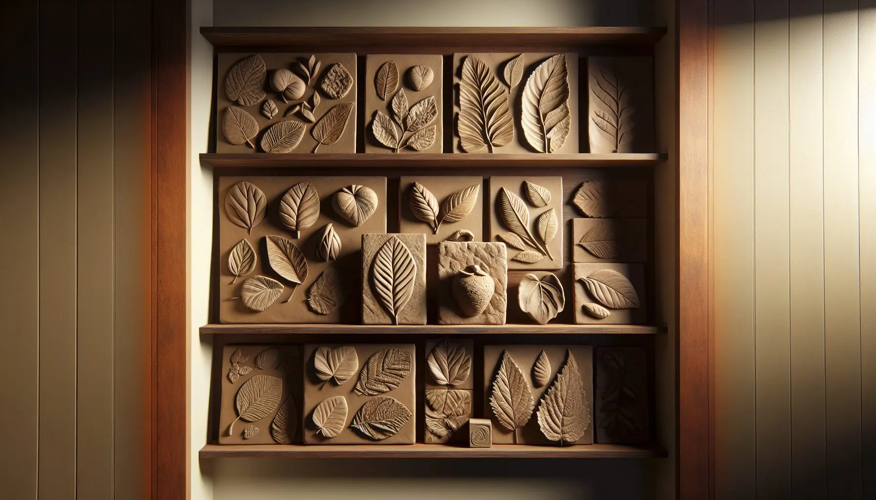 Generate an image of finished clay leaf impressions displayed on a wooden shelf with a soft lighting.
