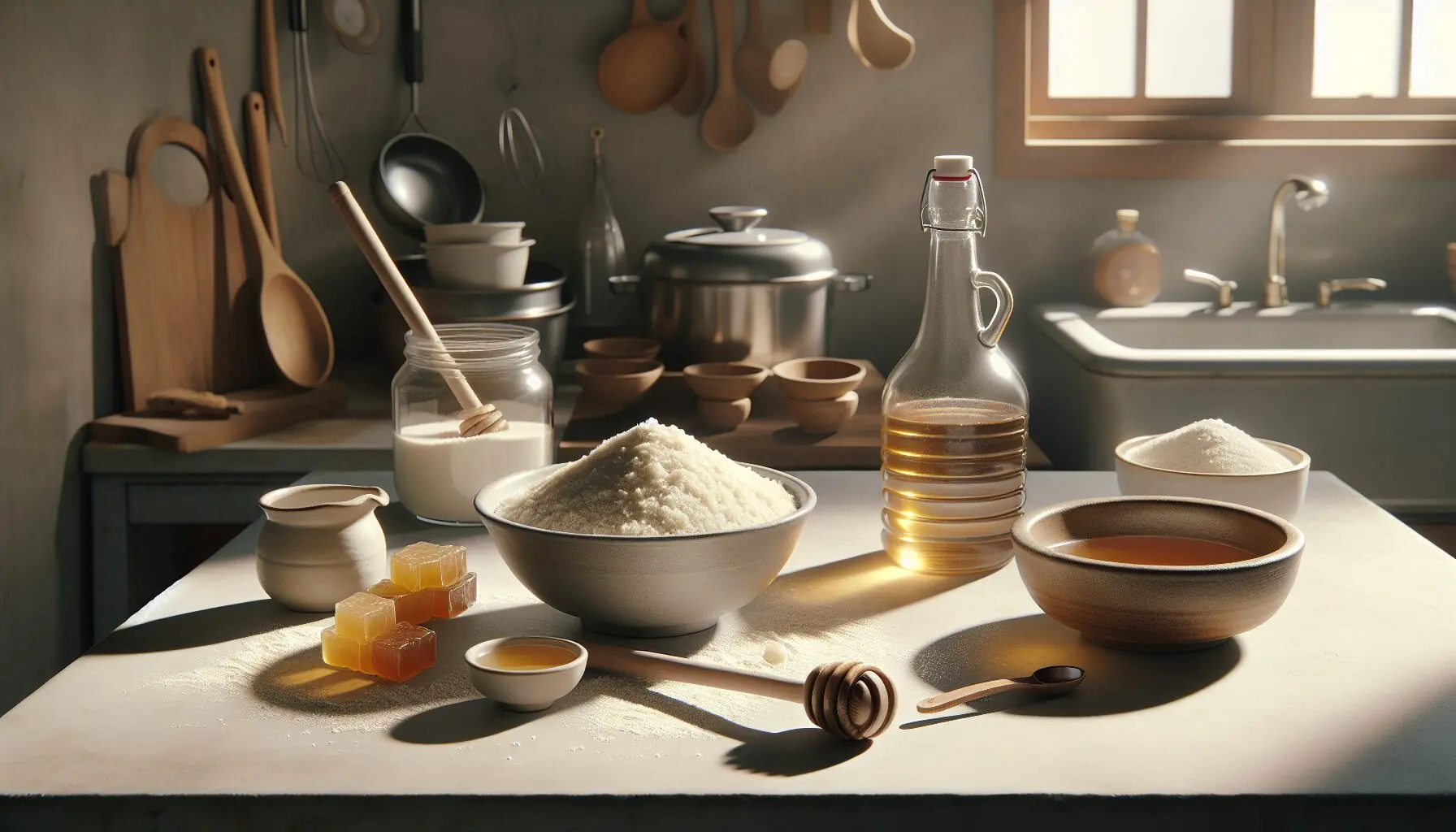 Generate an image of ingredients for sweet rice cakes on a kitchen counter.