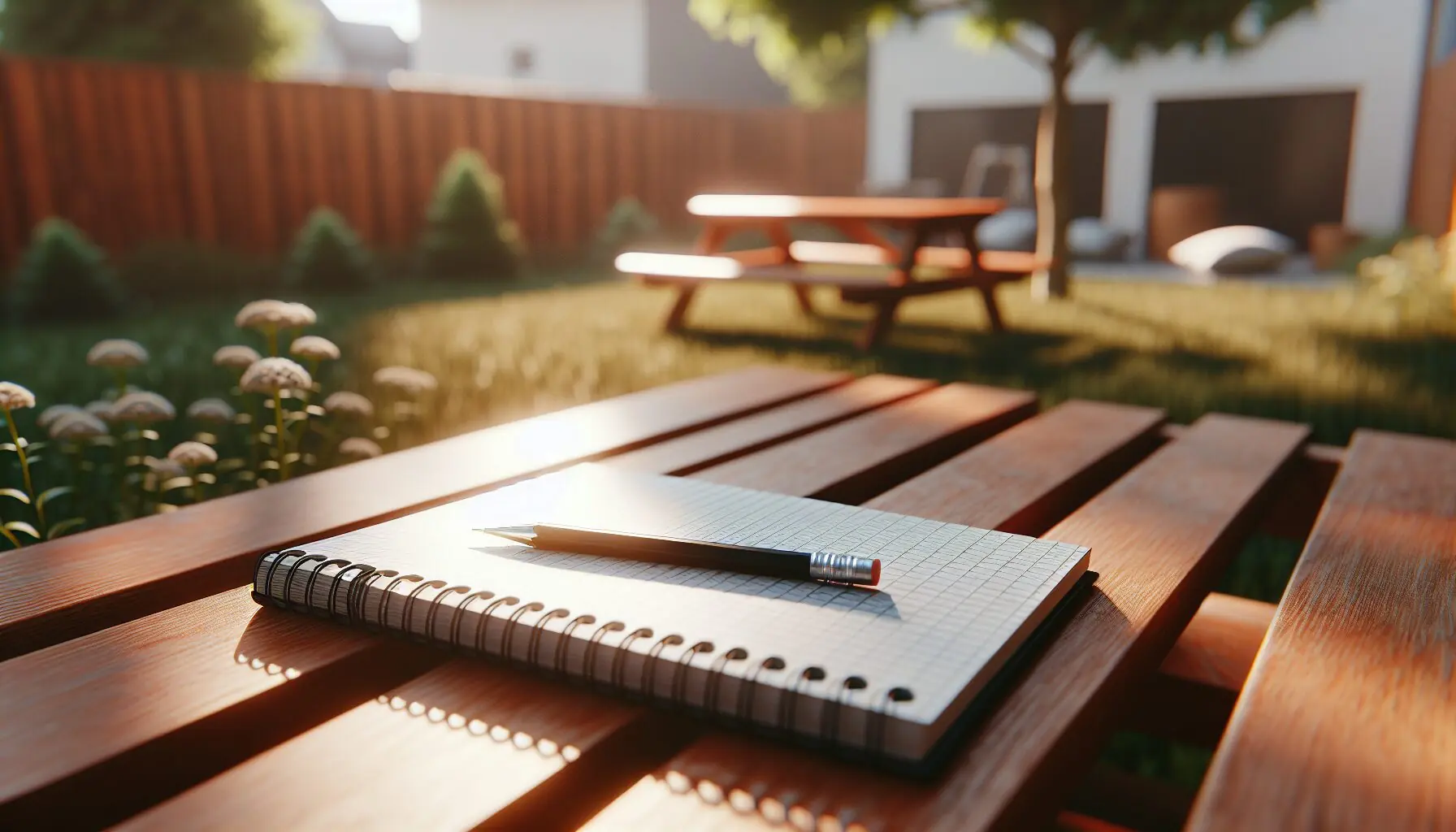 Generate an image of a backyard scene showing a notepad and pencil on a picnic table, encouraging note-taking and idea sharing.
