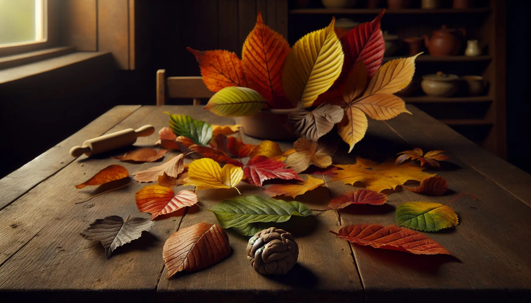 Generate an image of various colorful autumn leaves scattered on a wooden surface.