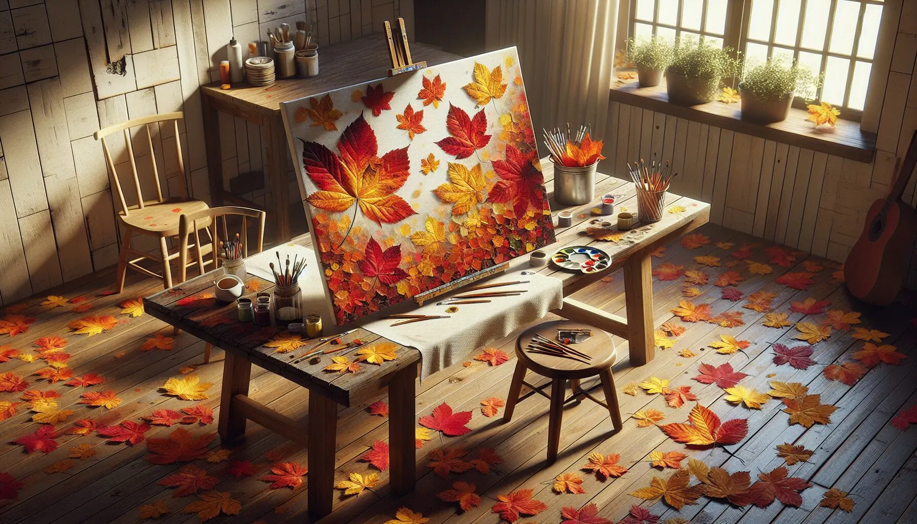 Illustrate autumn leaf prints on a canvas with vibrant colors mixing together.