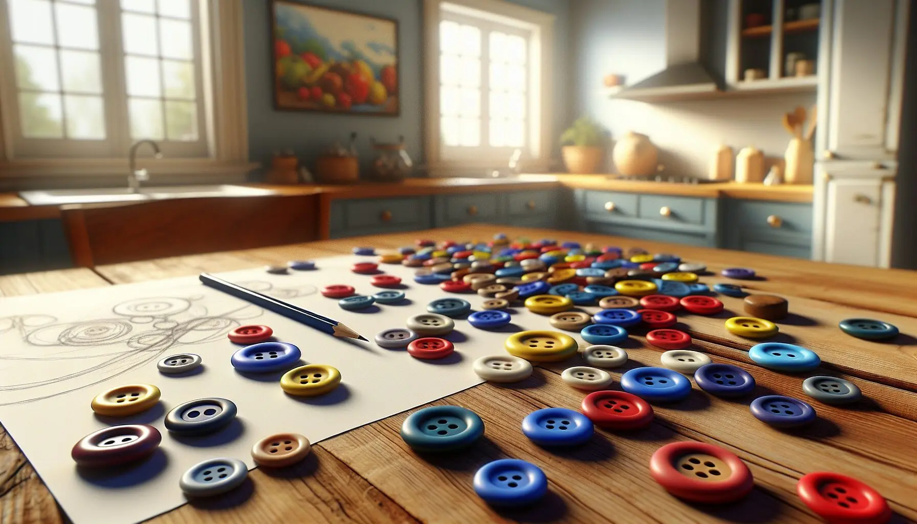 Picture a cozy family setting with a table full of buttons and sketches.