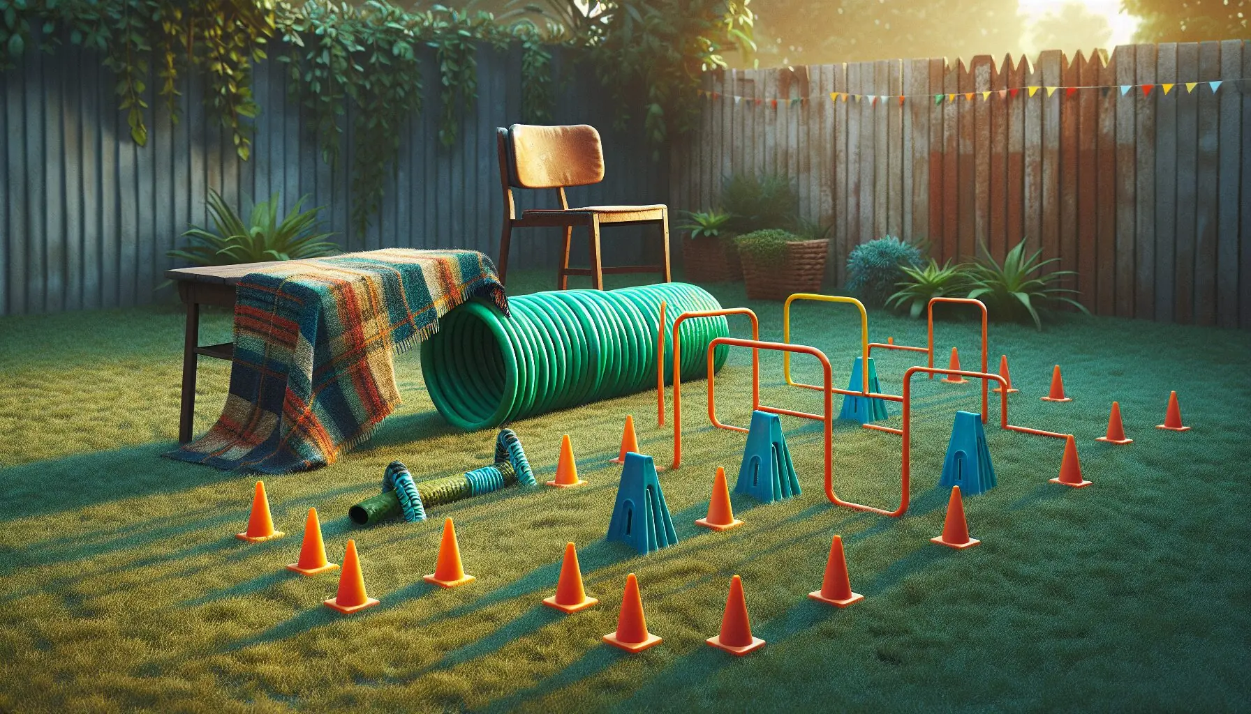 Generate an image of materials like a garden hose, old blankets, and cones displayed on a grassy area.