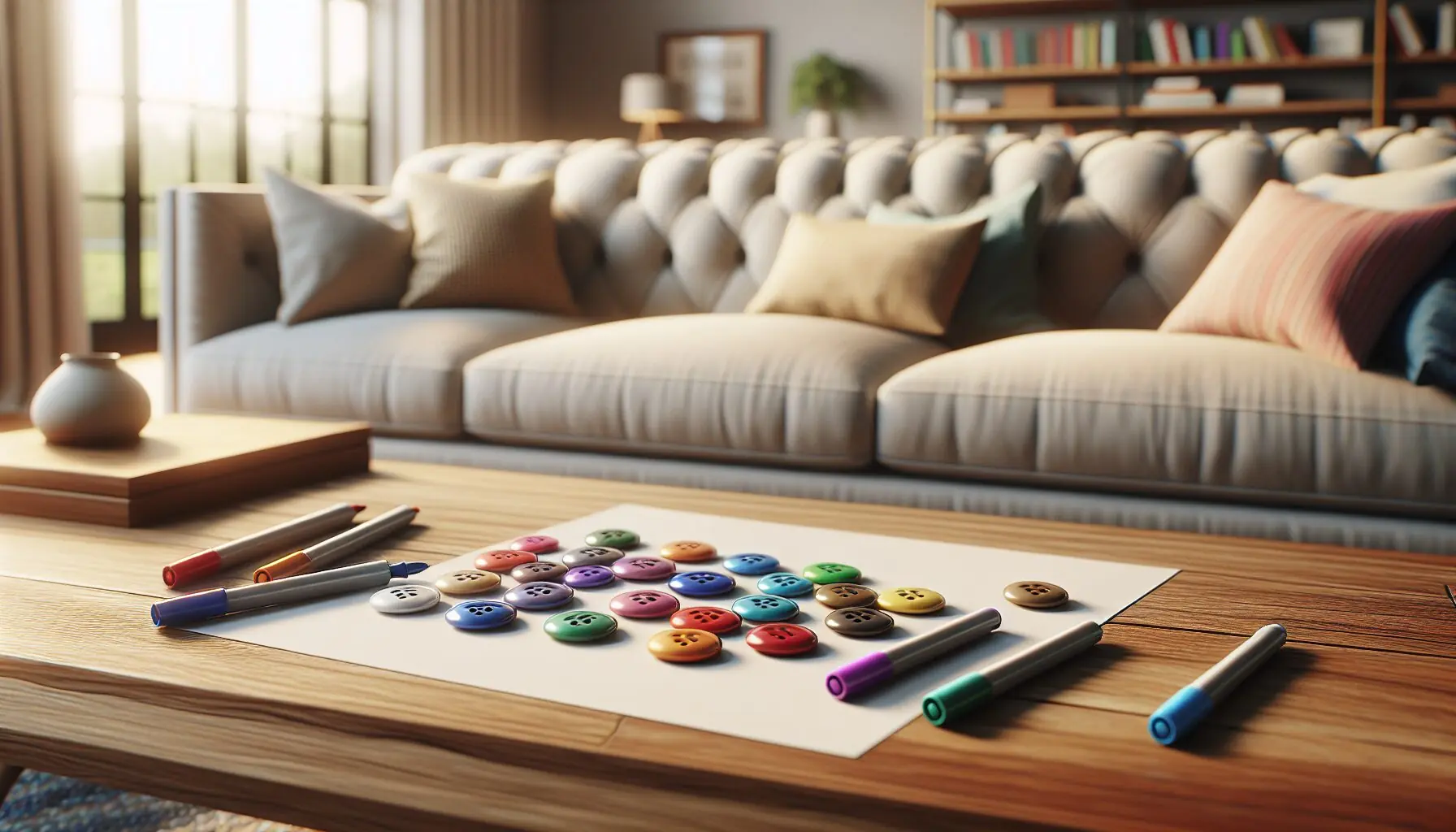 Create an image of a child's hand counting buttons on a play mat.