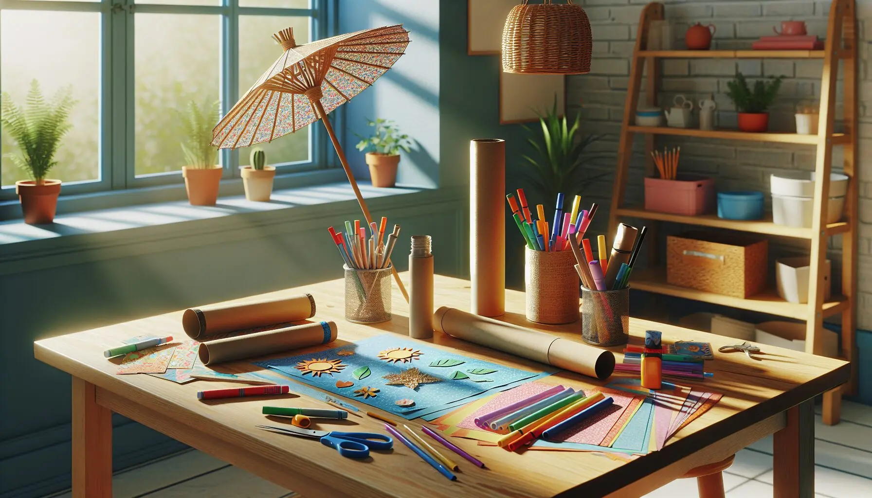 Generate an image of a sunny craft table scattered with colorful markers, cardboard tubes, and decorative papers.