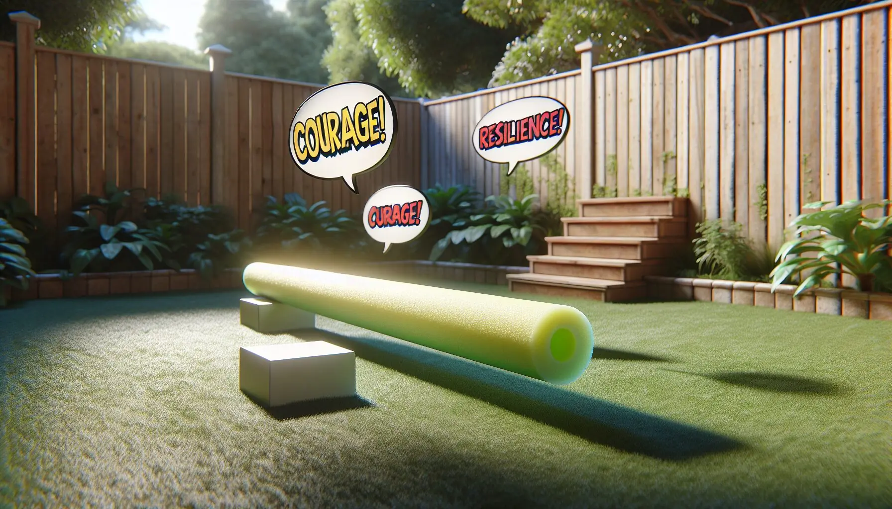 Generate an image illustrating a child jumping over a pool noodle hurdle, with comic-style word bubbles showing 'Courage!' and 'Resilience!'