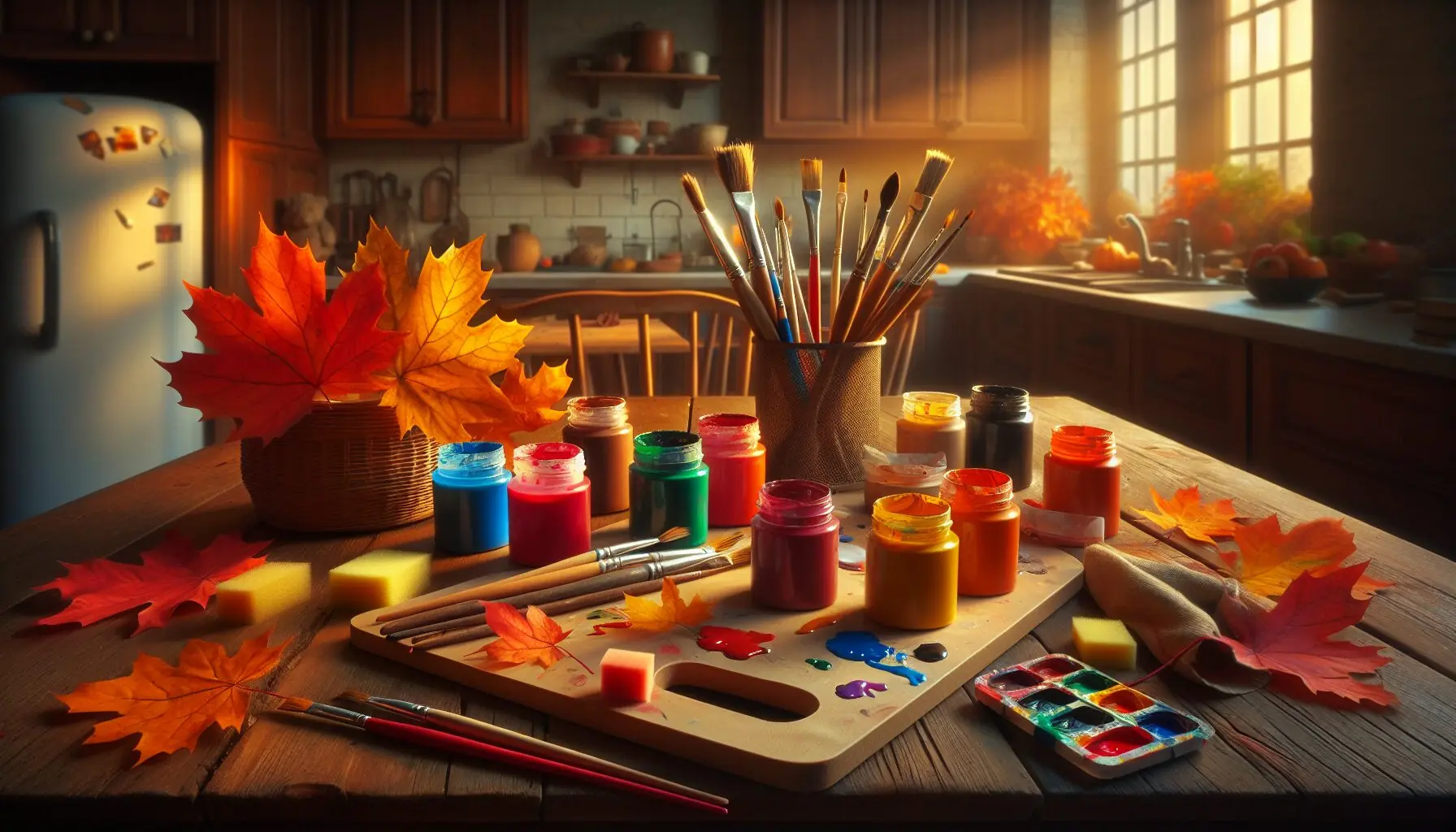Create an image of art supplies: various colored paints, paintbrushes, and an assortment of leaves on a table.