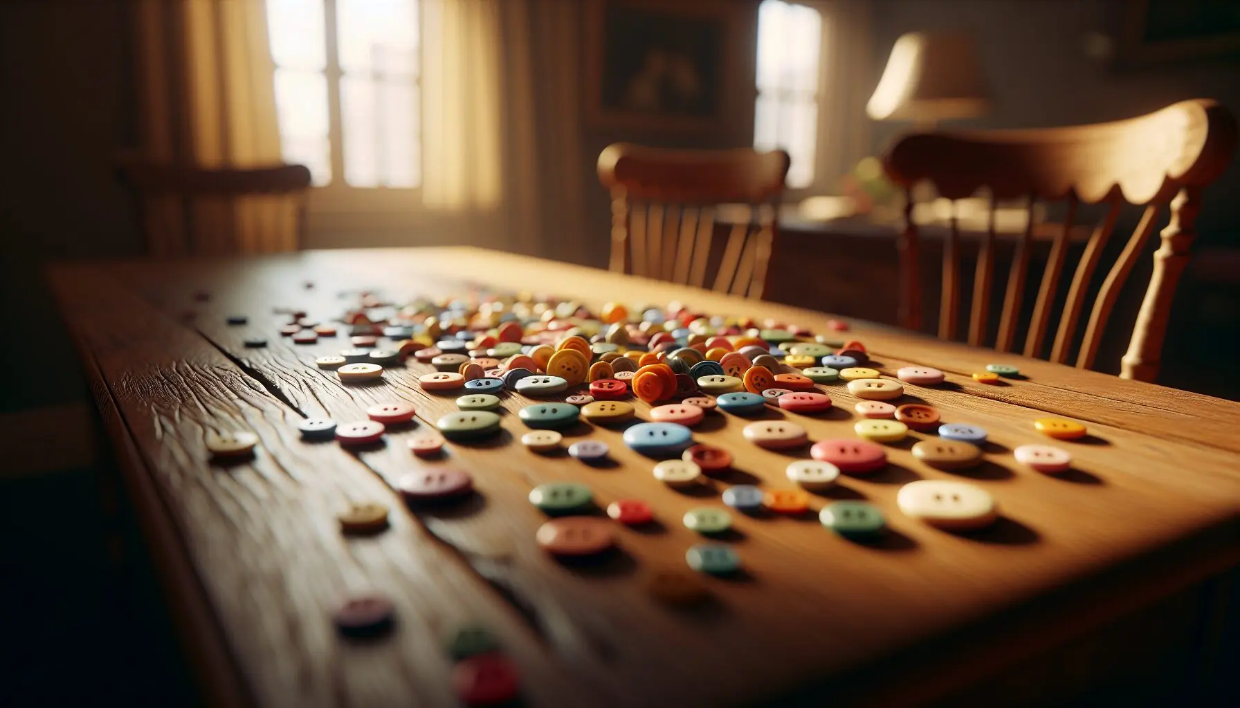 Generate an image of colorful buttons scattered on a wooden table.