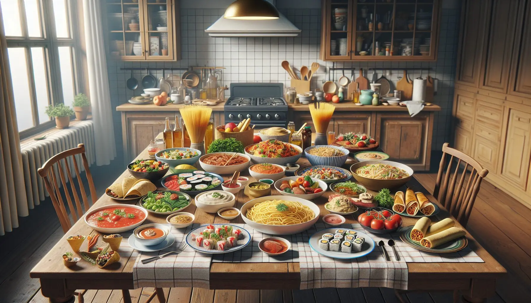 Generate an image of a table set with a variety of international dishes.