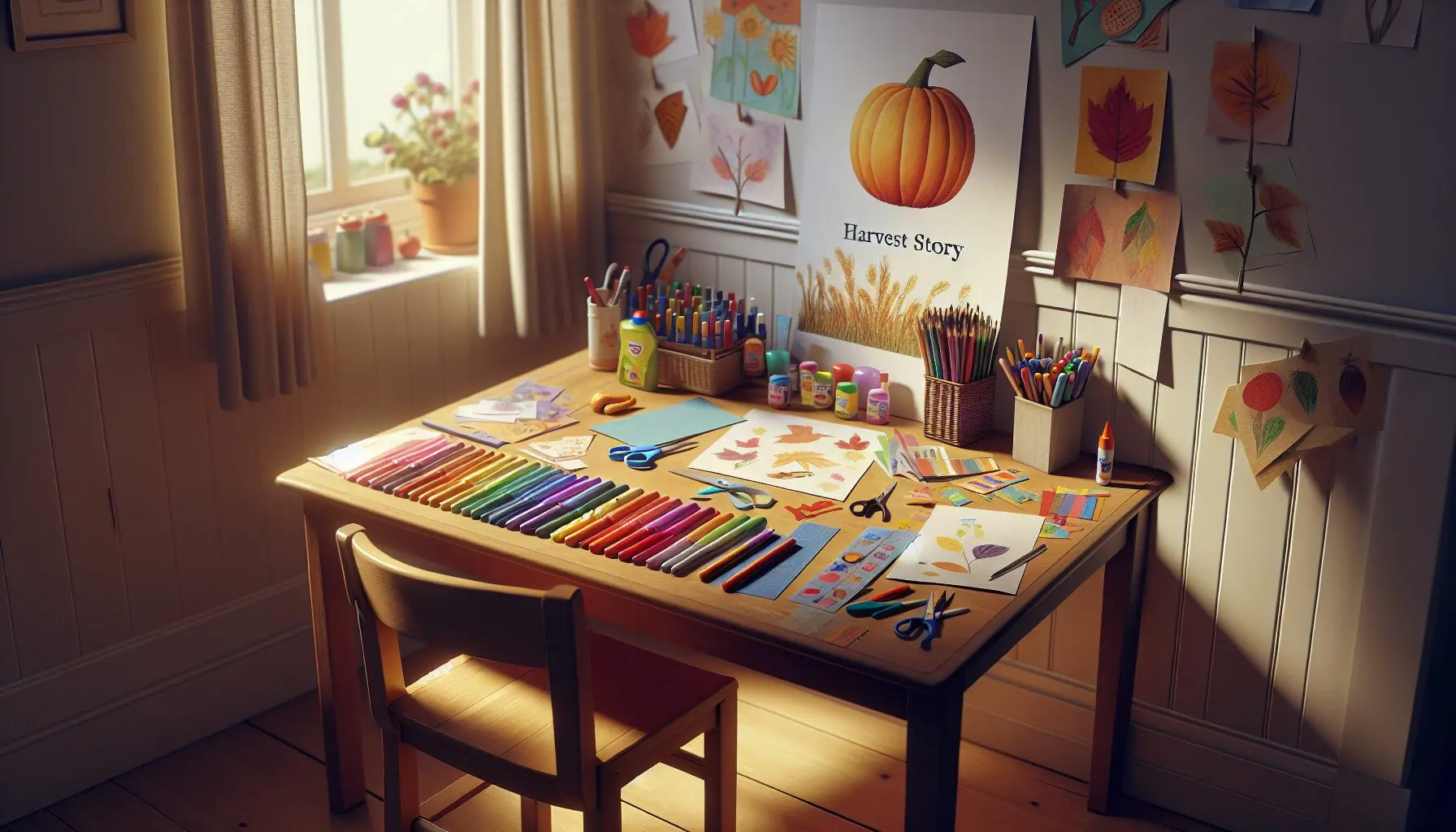 Generate an image of a child-friendly crafting table with markers, paper, scissors, and colorful glue sticks.