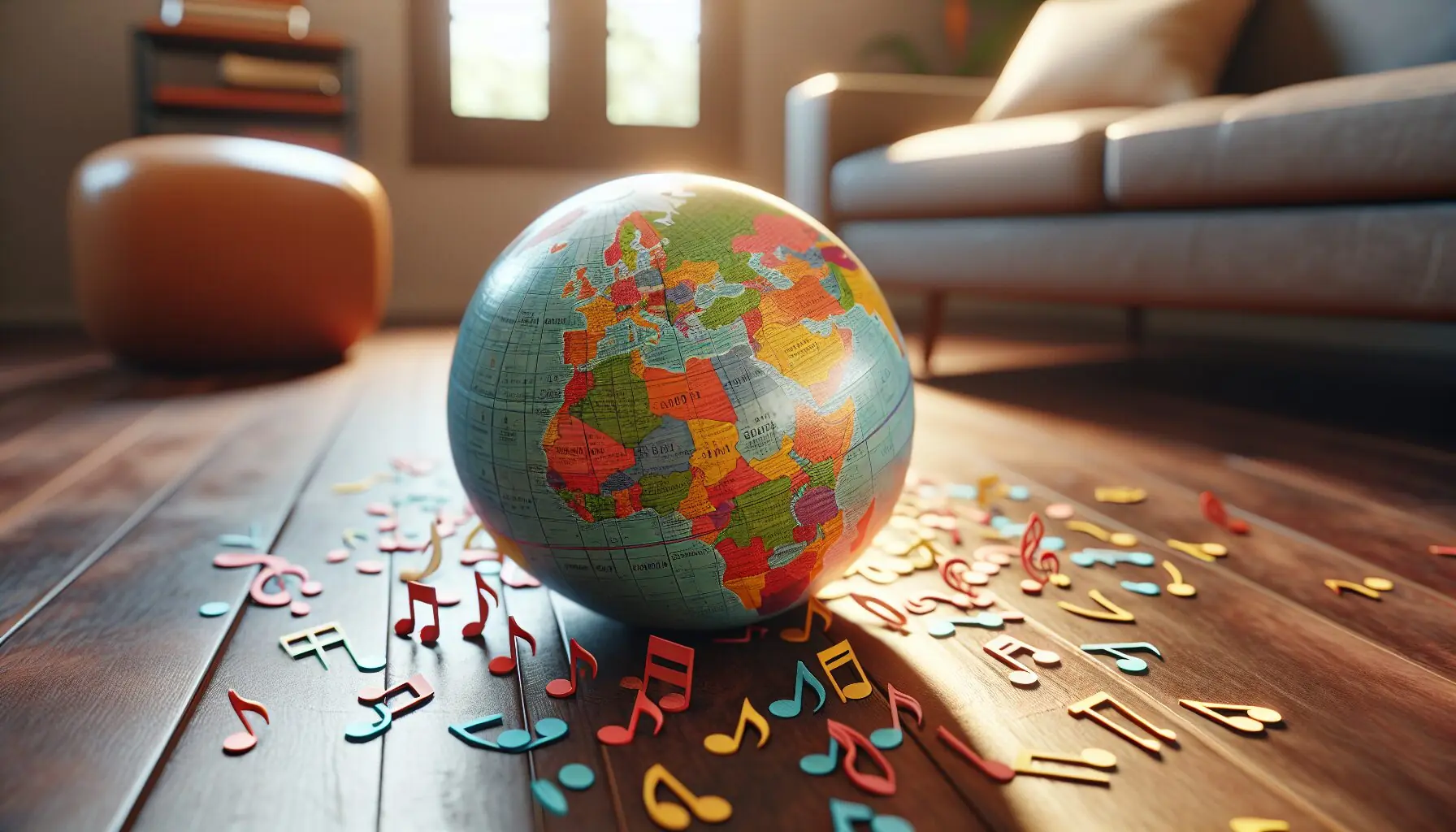 Generate an image of a globe surrounded by music notes, symbolizing world music discovery.
