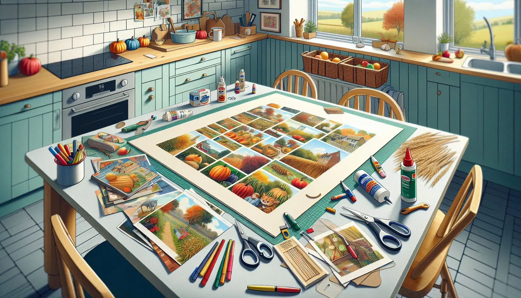 Generate an image of a collage-making setup with cut-outs from old magazines, glue sticks, scissors, and a large poster board.