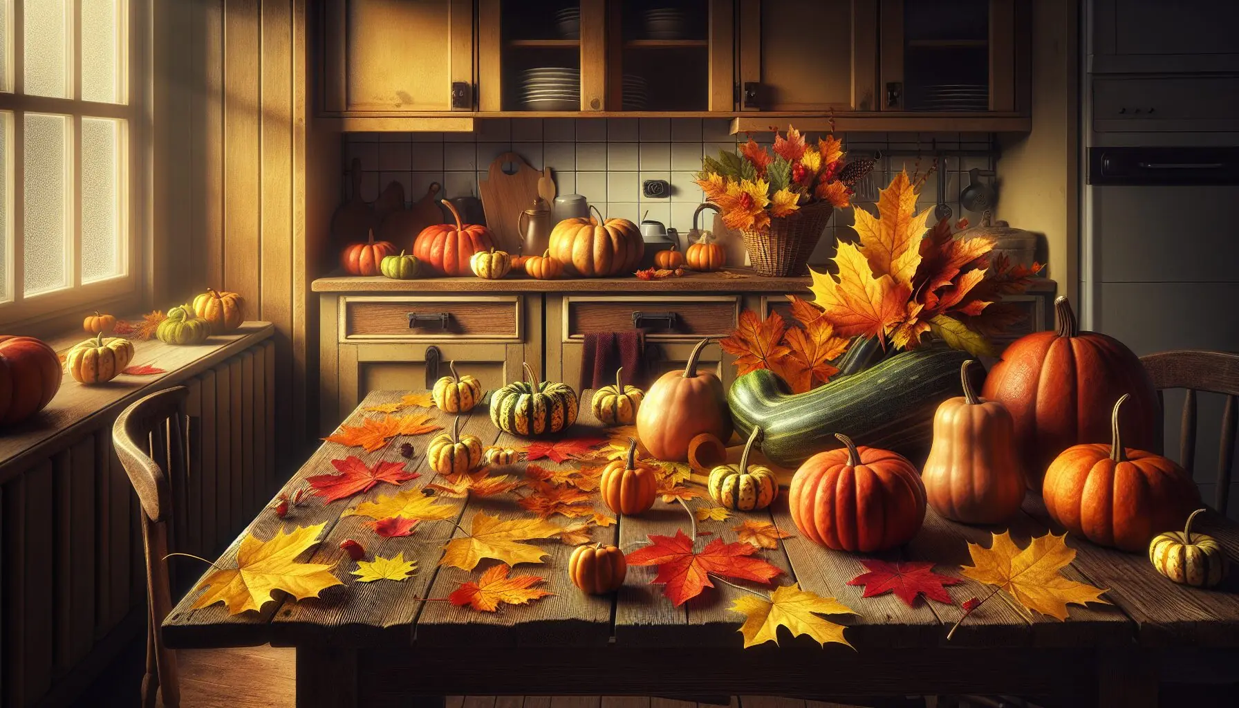 Generate an image of colorful leaves and ripe pumpkins scattered on a table, signifying harvest season.