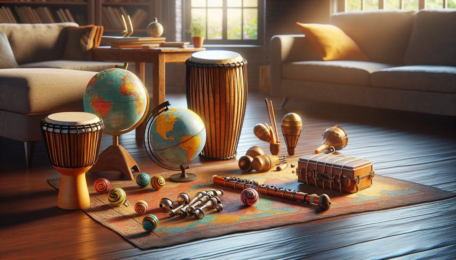 Generate an image of musical instruments and cultural symbols from different parts of the world.