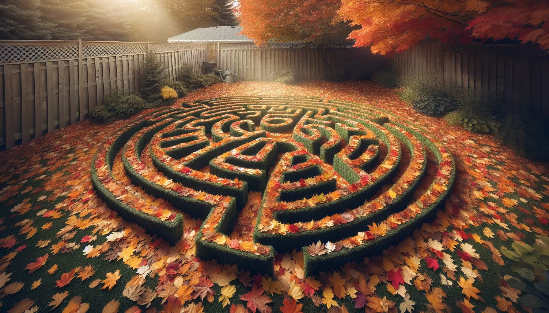 Generate an image of a child playing in a leaf labyrinth, emphasizing the maze structure without human figures.