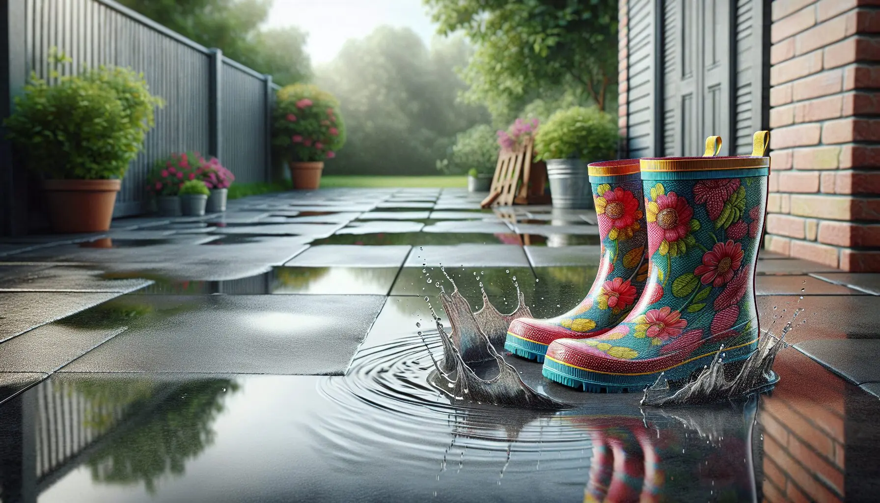 Generate an image of a pair of colorful boots jumping into a puddle with a slight splash, against a blurred gray backdrop.