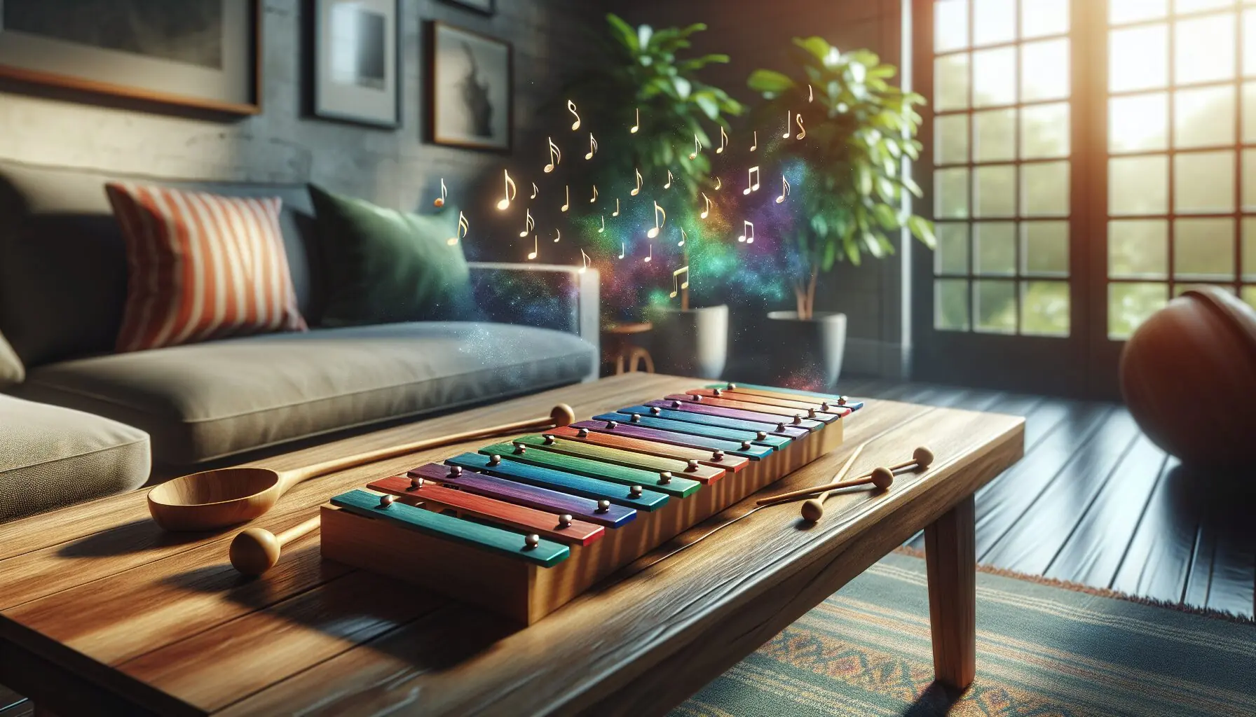 Generate an image of a xylophone with rainbow-colored bars and musical notes around it.
