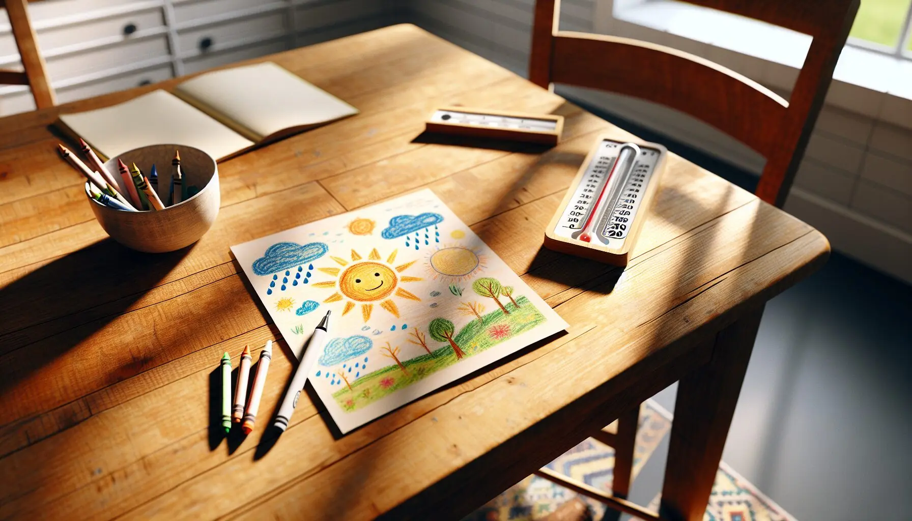 Generate an image showing a child’s drawing of various weather types beside a thermometer.