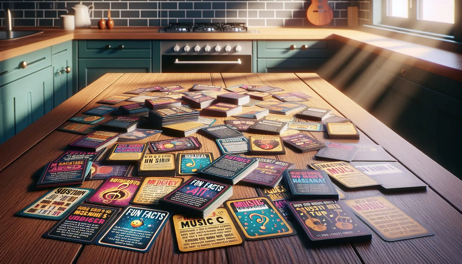 Design an image showing a stack of fun facts cards about different music genres, with music notes scattered around.