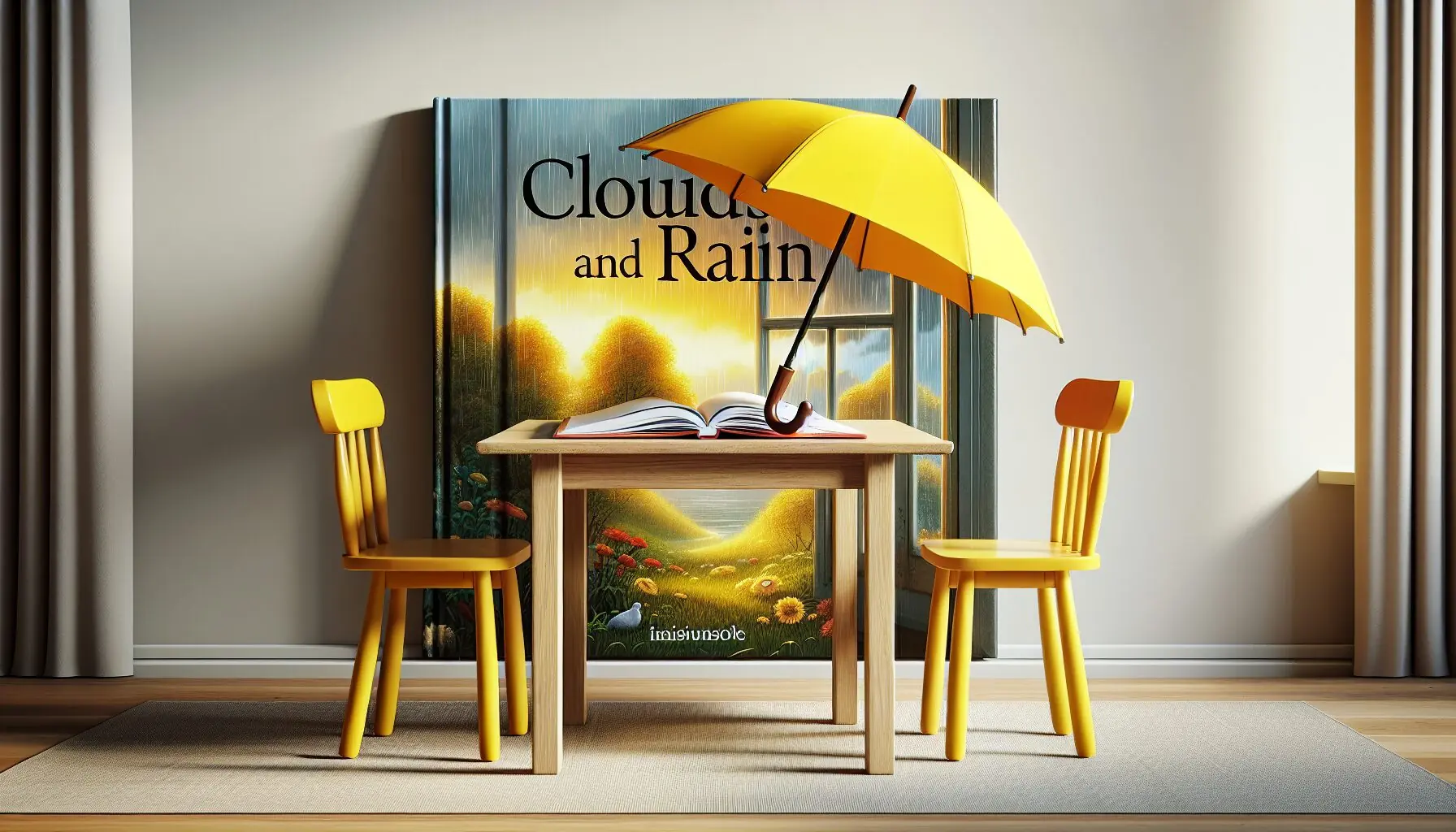 Generate an image of a colorful children's book titled 'Clouds and Rain' placed on a wooden table next to a small, bright-yellow umbrella.