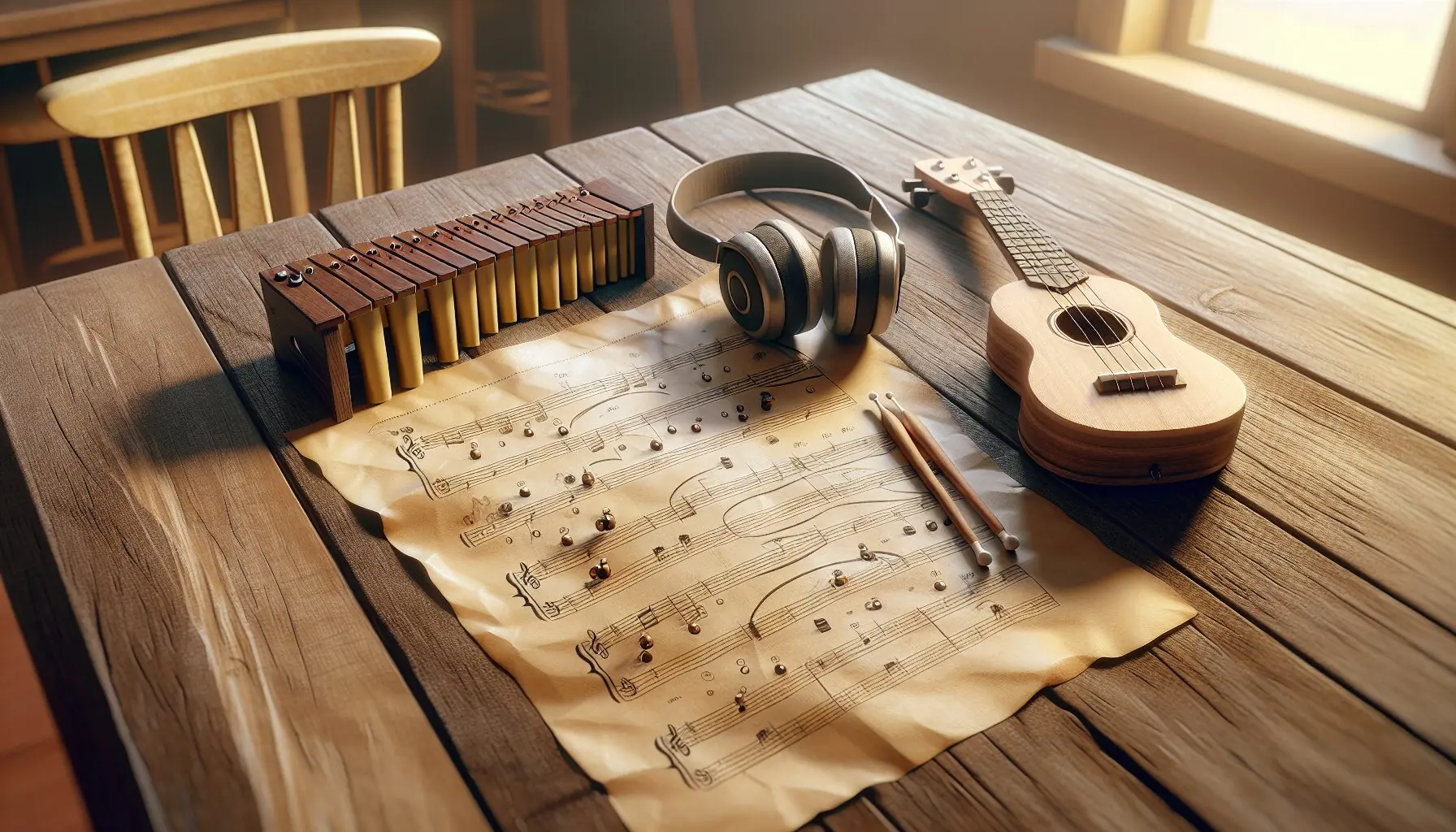 Generate an image of musical notes flowing in a whimsical pattern, set against a serene background.