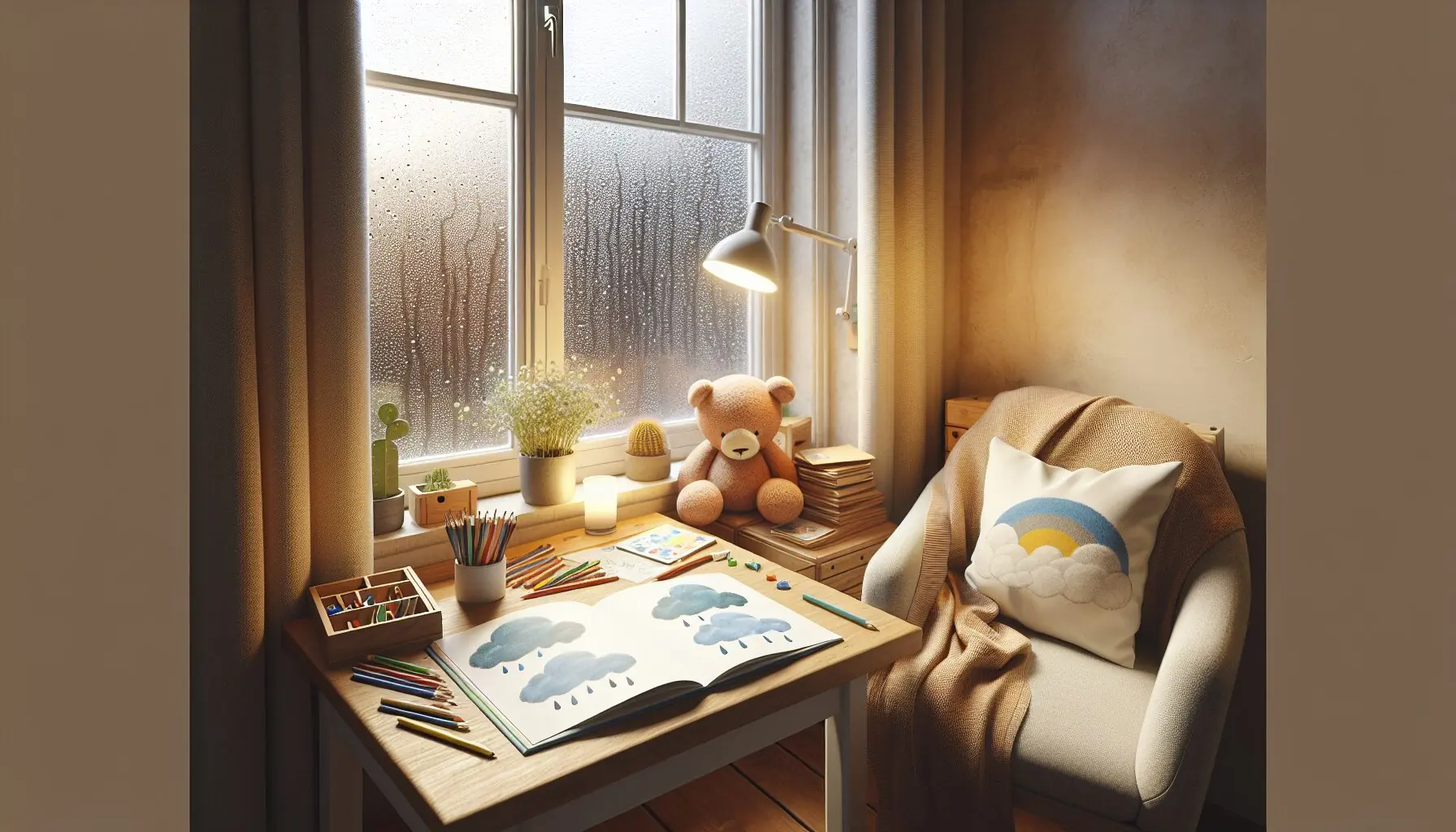 Generate an image depicting a cozy corner by a window with raindrops outside, colored pencils, paper, and a children's book about rain on a table.