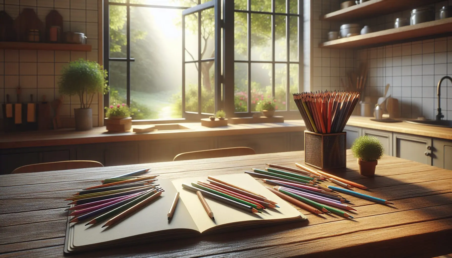 Generate an image of a cozy nook with a notebook, colored pencils, and a window view.