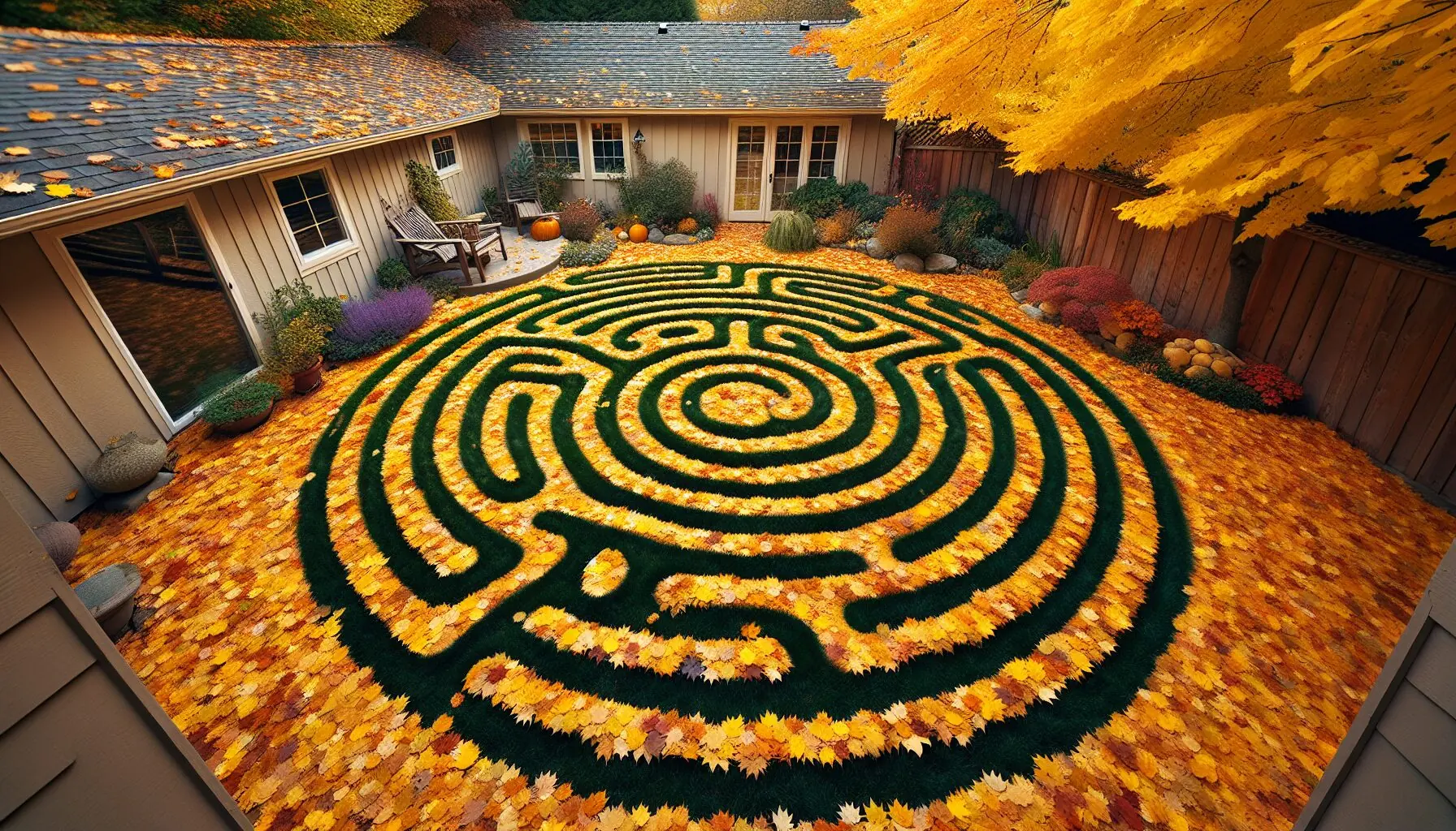 Generate an image of a backyard filled with autumn leaves, forming a spiral shape.